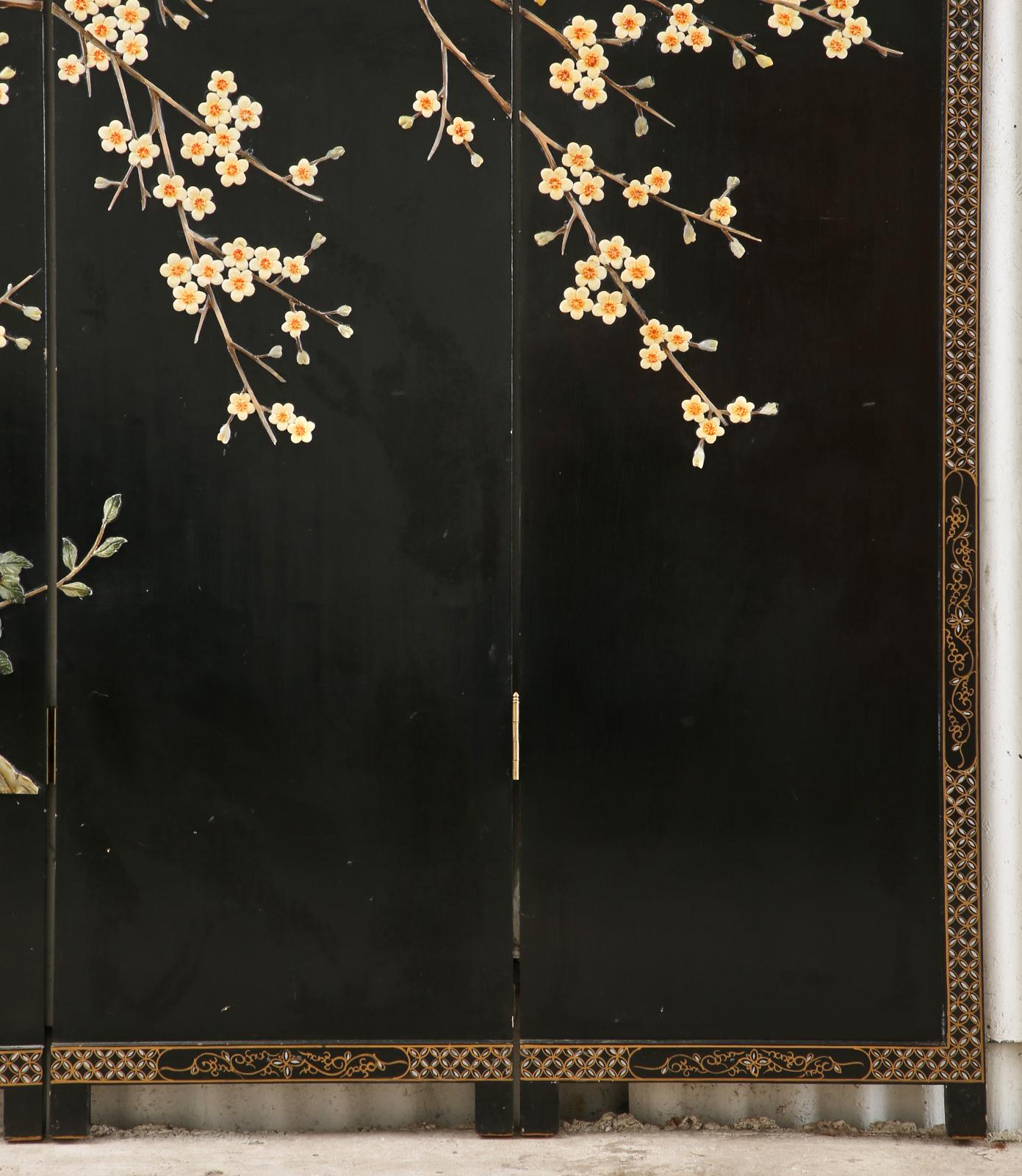 Brass Chinese Export Four Panel Soapstone Coromandel Screen