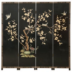 Vintage Chinese Export Four Panel Soapstone Coromandel Screen