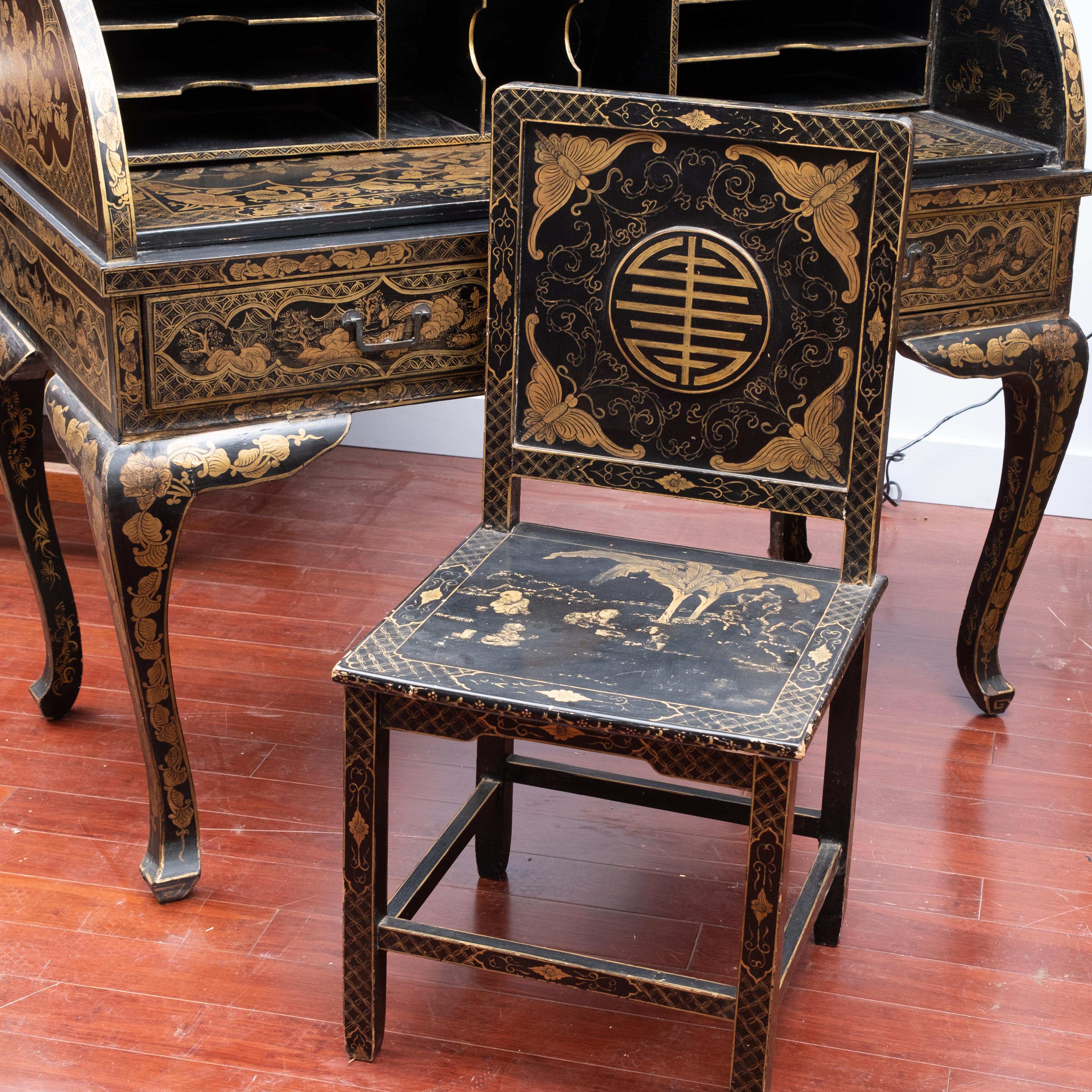Chinese Export Gilt Black Lacquer Cylinder Roll Desk and Chair, 19th/20th C. 6