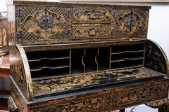 Chinese Export Gilt Black Lacquer Cylinder Roll Desk and Chair, 19th/20th C.