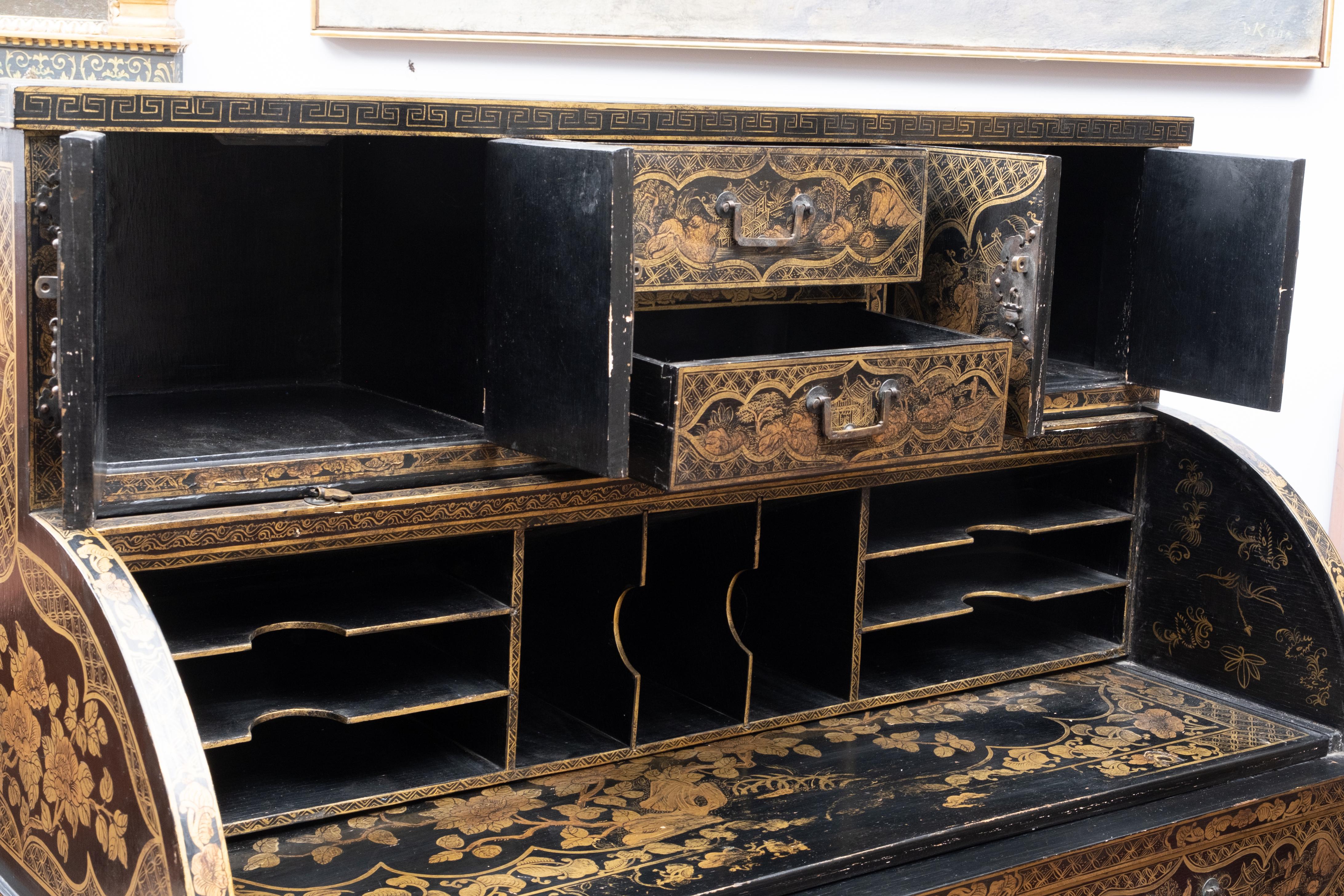 20th Century Chinese Export Gilt Black Lacquer Cylinder Roll Desk and Chair, 19th/20th C.