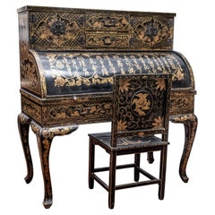 Chinese Export Gilt Black Lacquer Cylinder Roll Desk and Chair, 19th/20th C.