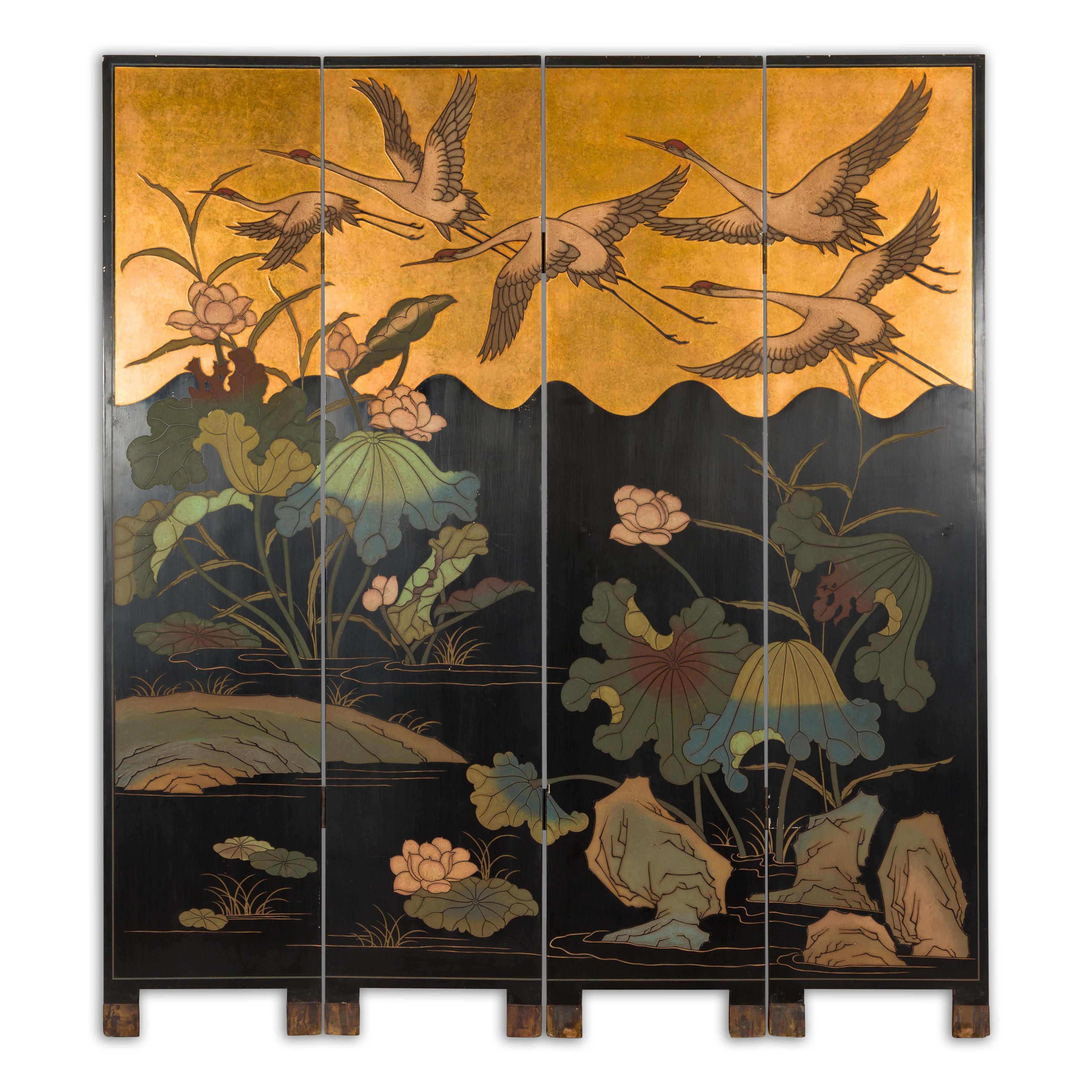 Four-Panel Coromandel Vintage Floor Screen with Flying Cranes 10