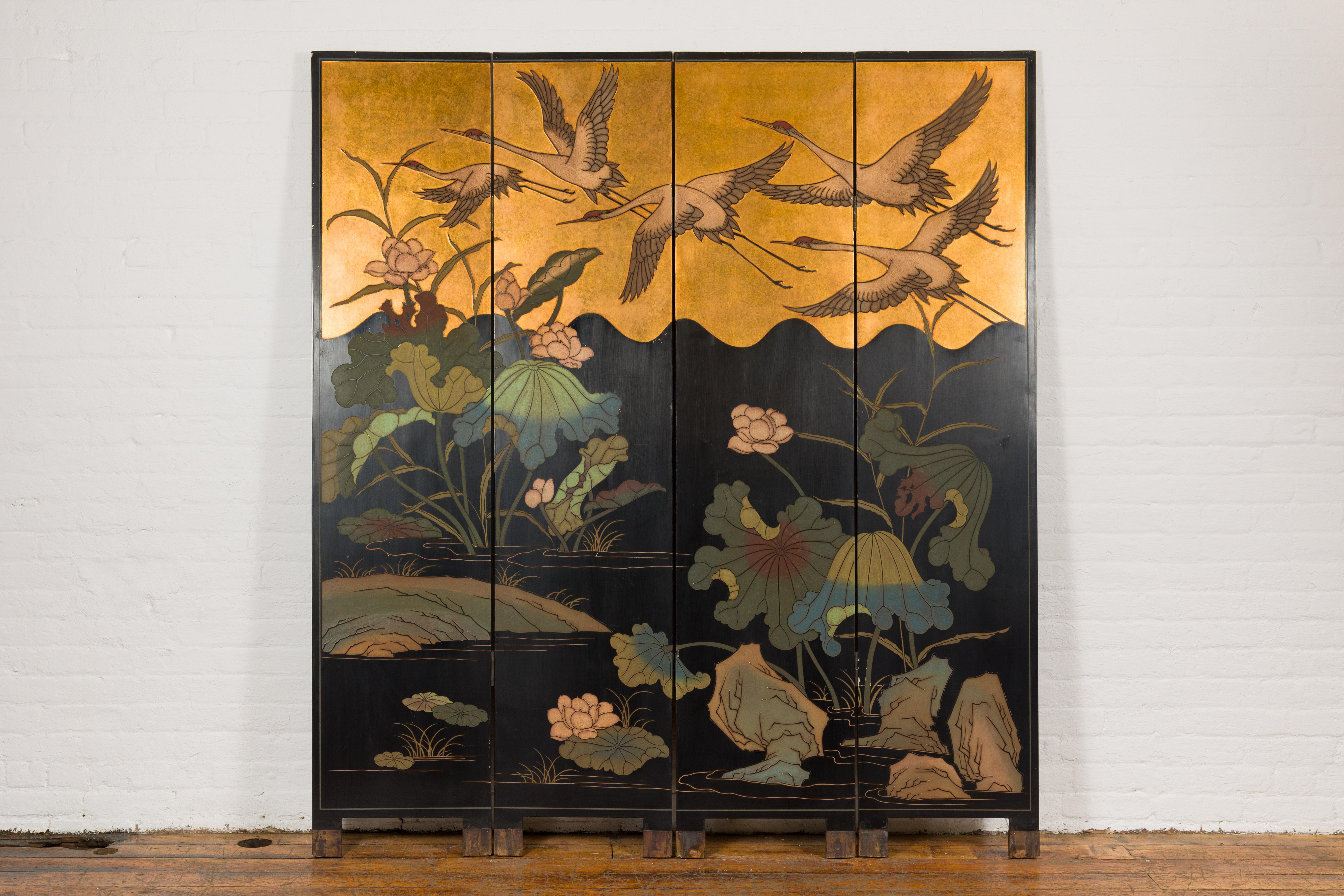 Chinese Export Four-Panel Coromandel Vintage Floor Screen with Flying Cranes