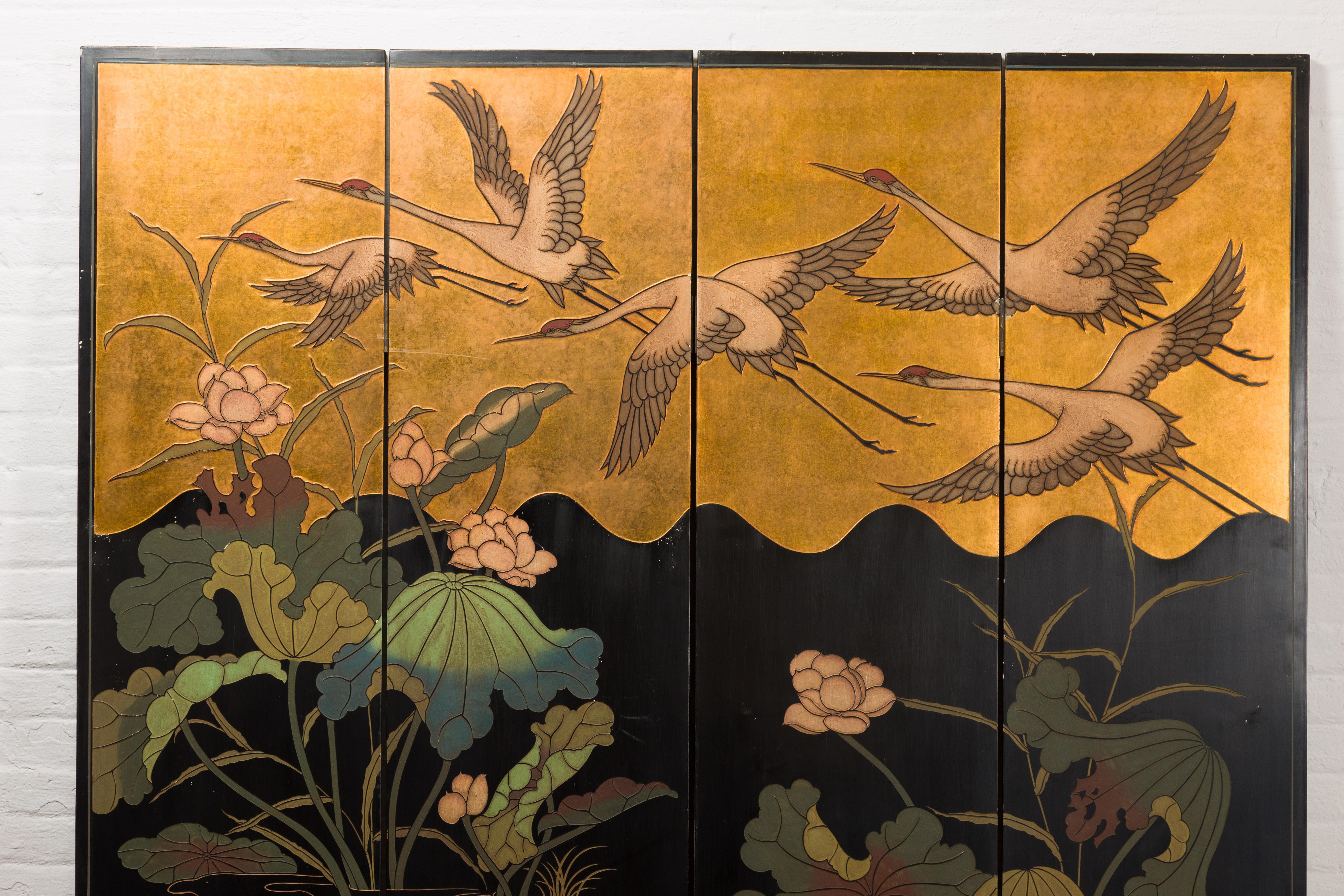 Chinese Four-Panel Coromandel Vintage Floor Screen with Flying Cranes