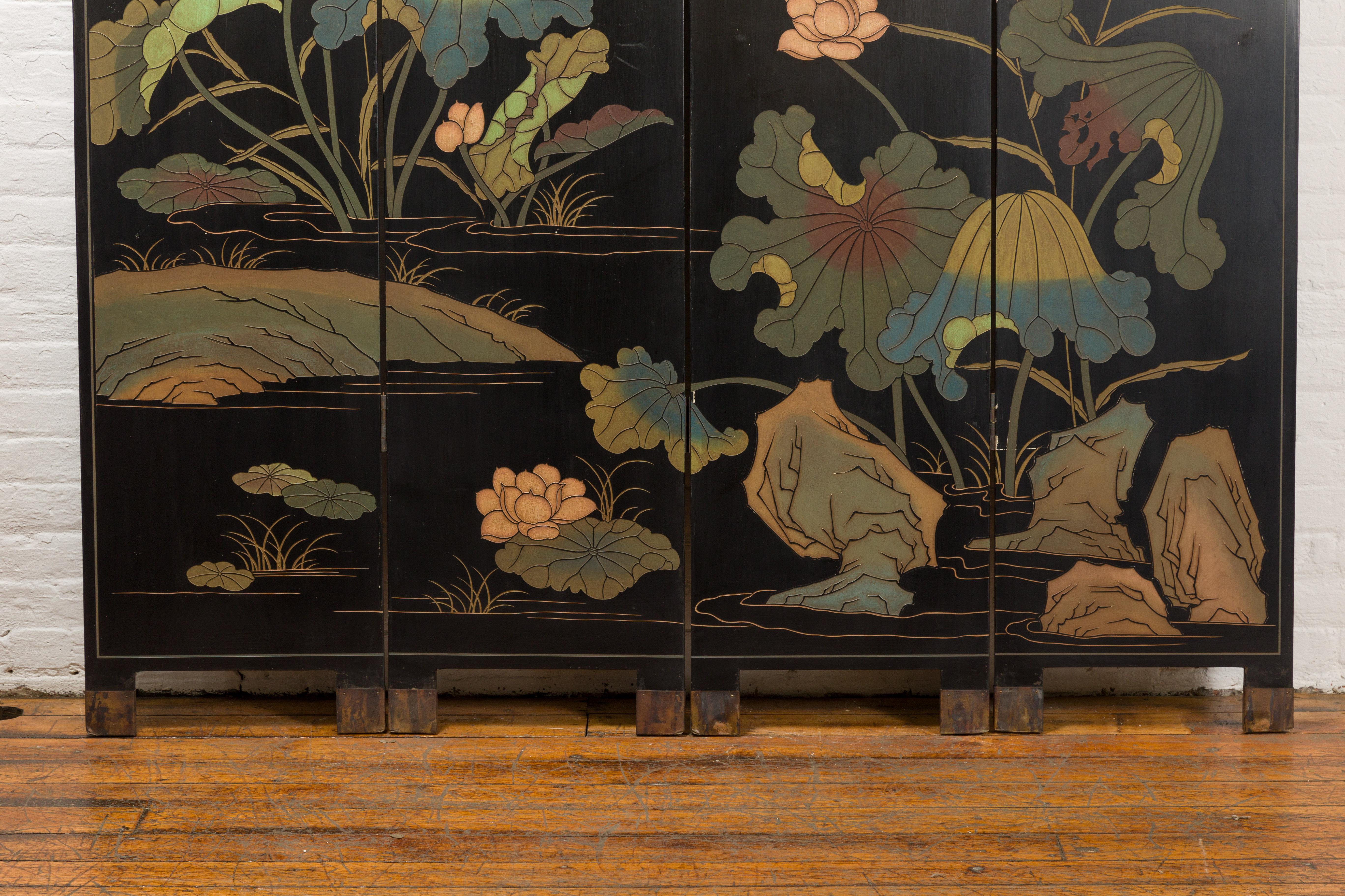 Four-Panel Coromandel Vintage Floor Screen with Flying Cranes In Good Condition In Yonkers, NY