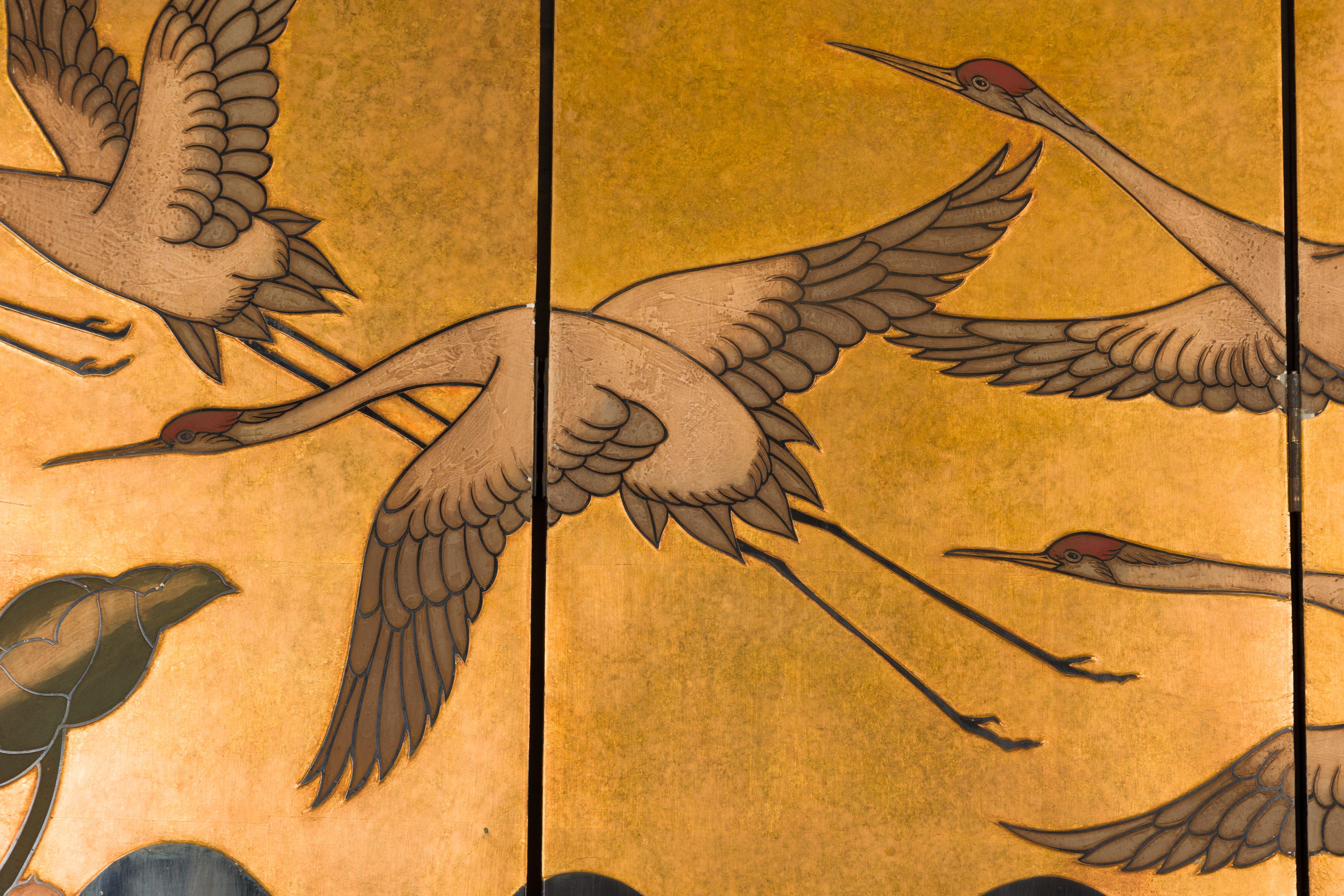 Wood Four-Panel Coromandel Vintage Floor Screen with Flying Cranes