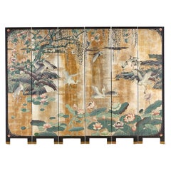 Chinese Export Gilt Coromandel Screen Crane Landscape
