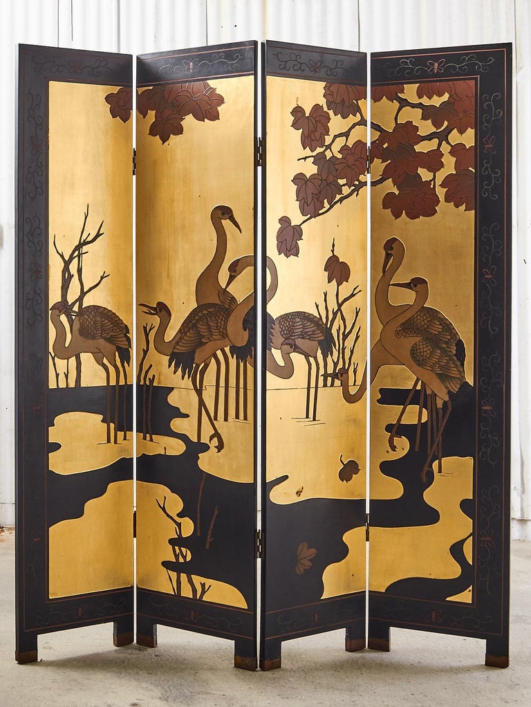Lacquered Chinese Export Gilt Coromandel Screen Manchurian Cranes For Sale