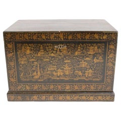 Antique Chinese Export Gold Decorated Black Lacquer Storage Box on Plinth Base
