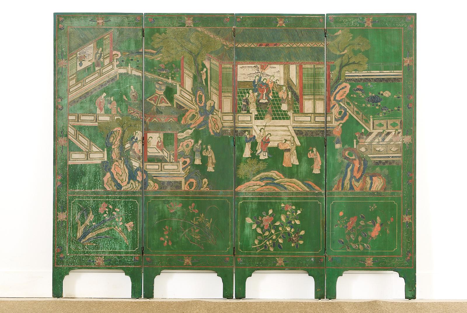 Chinese Export Green Lacquered Four-Panel Coromandel Screen 10