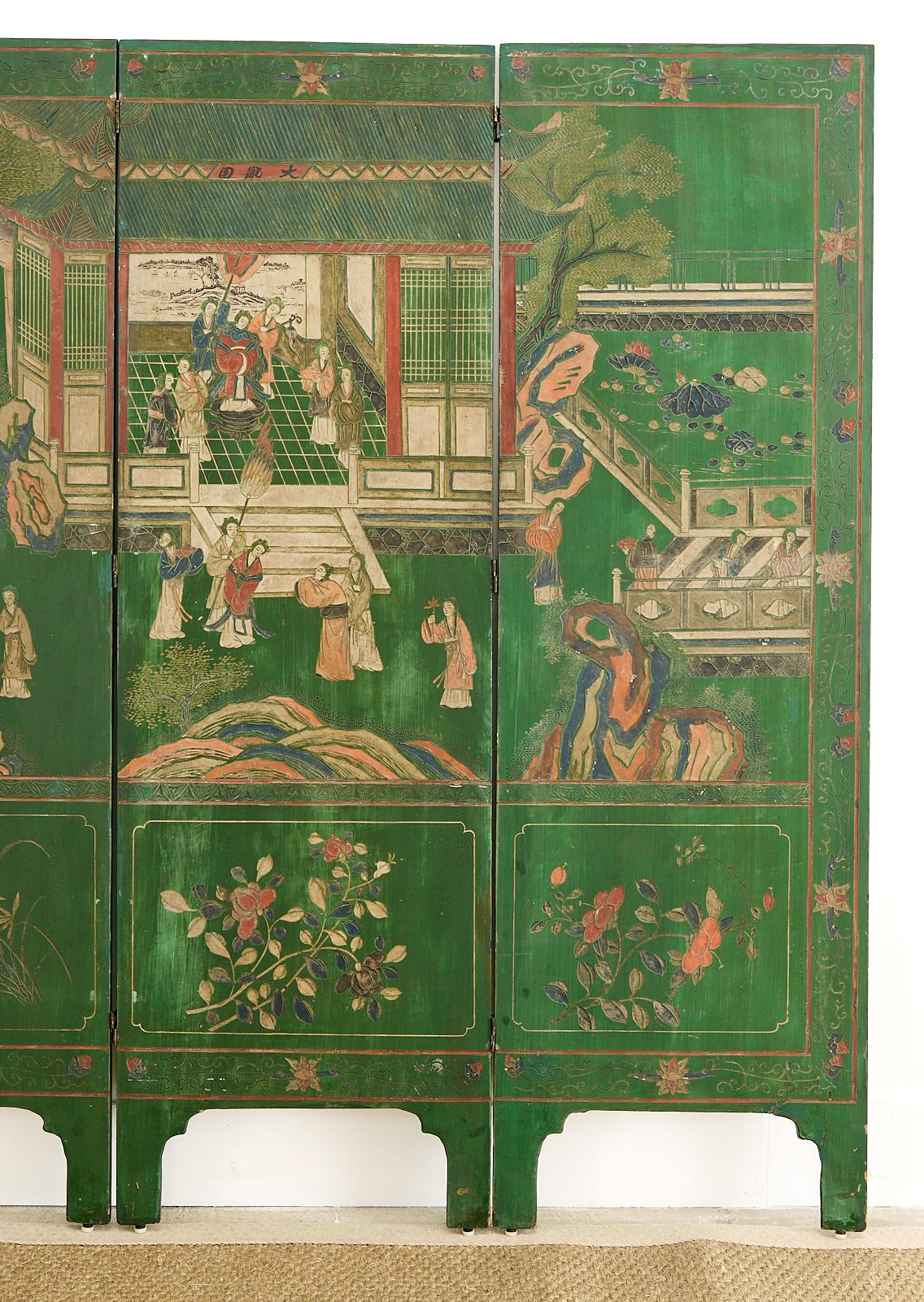 Chinese Export Green Lacquered Four-Panel Coromandel Screen 11