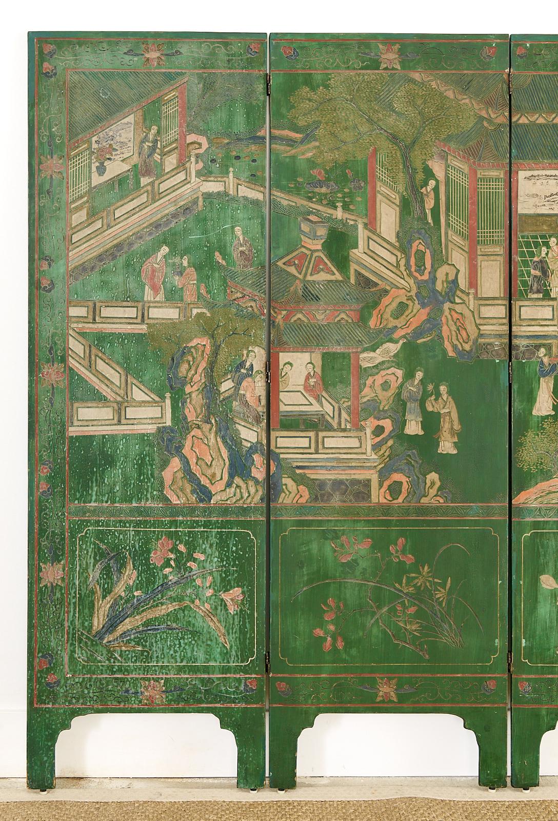 Chinese Export Green Lacquered Four-Panel Coromandel Screen 12