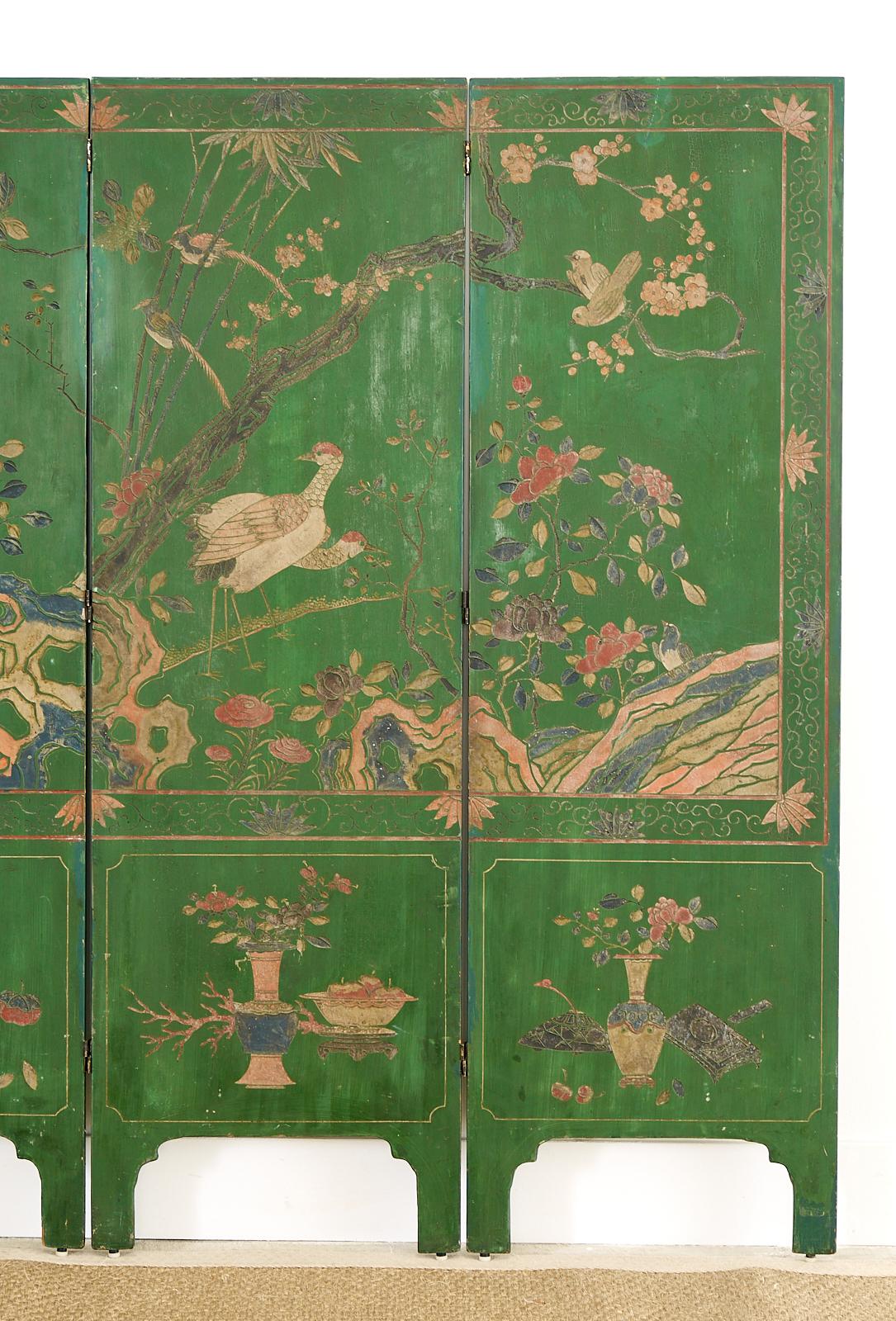 Chinese Export Green Lacquered Four-Panel Coromandel Screen In Distressed Condition In Rio Vista, CA