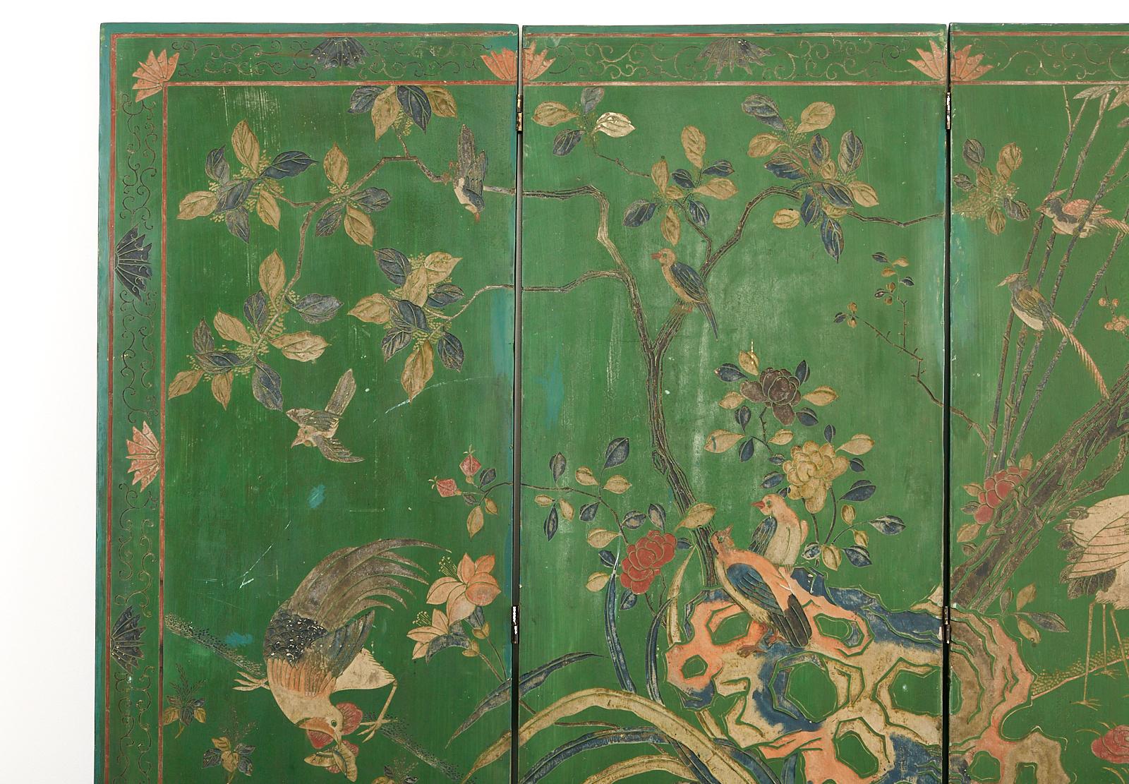 Brass Chinese Export Green Lacquered Four-Panel Coromandel Screen