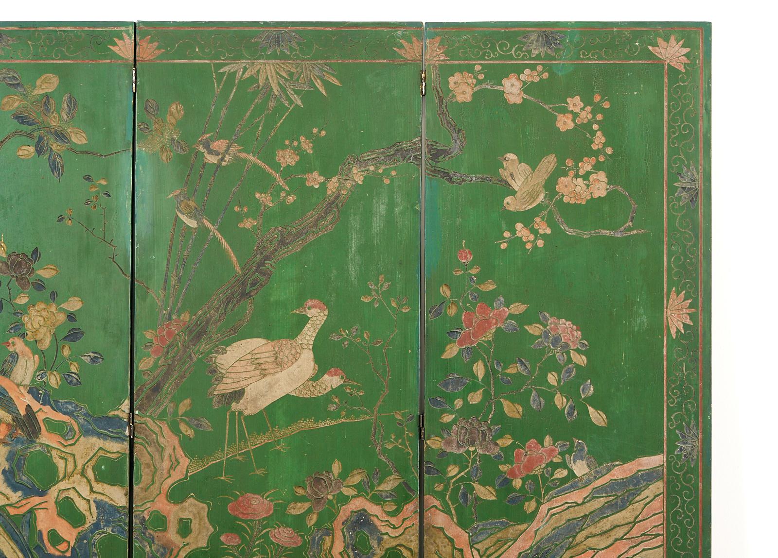 Chinese Export Green Lacquered Four-Panel Coromandel Screen 1
