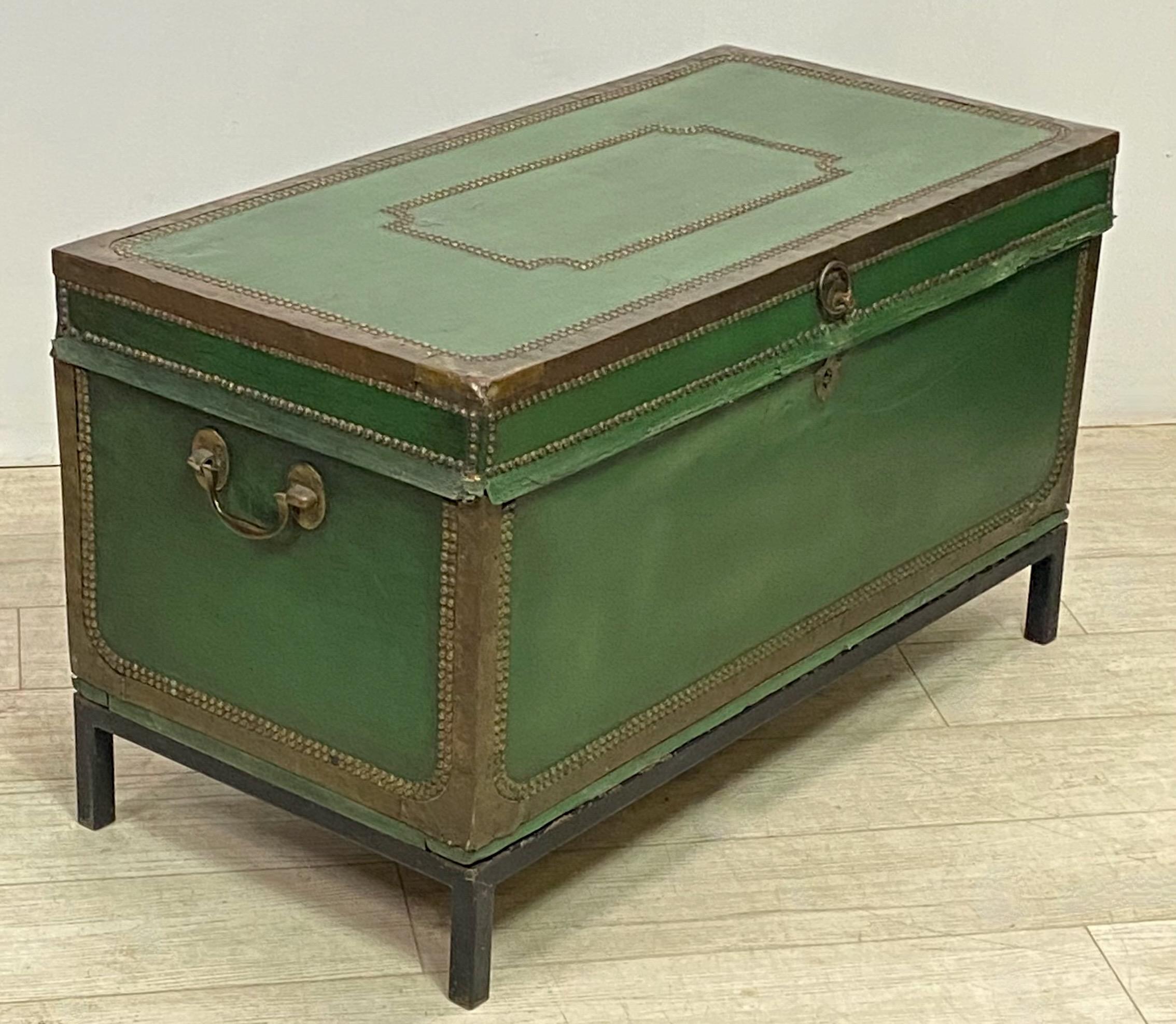 Chinese Export Green Leather Camphor Wood Trunk on Stand, Early 19th Century 3