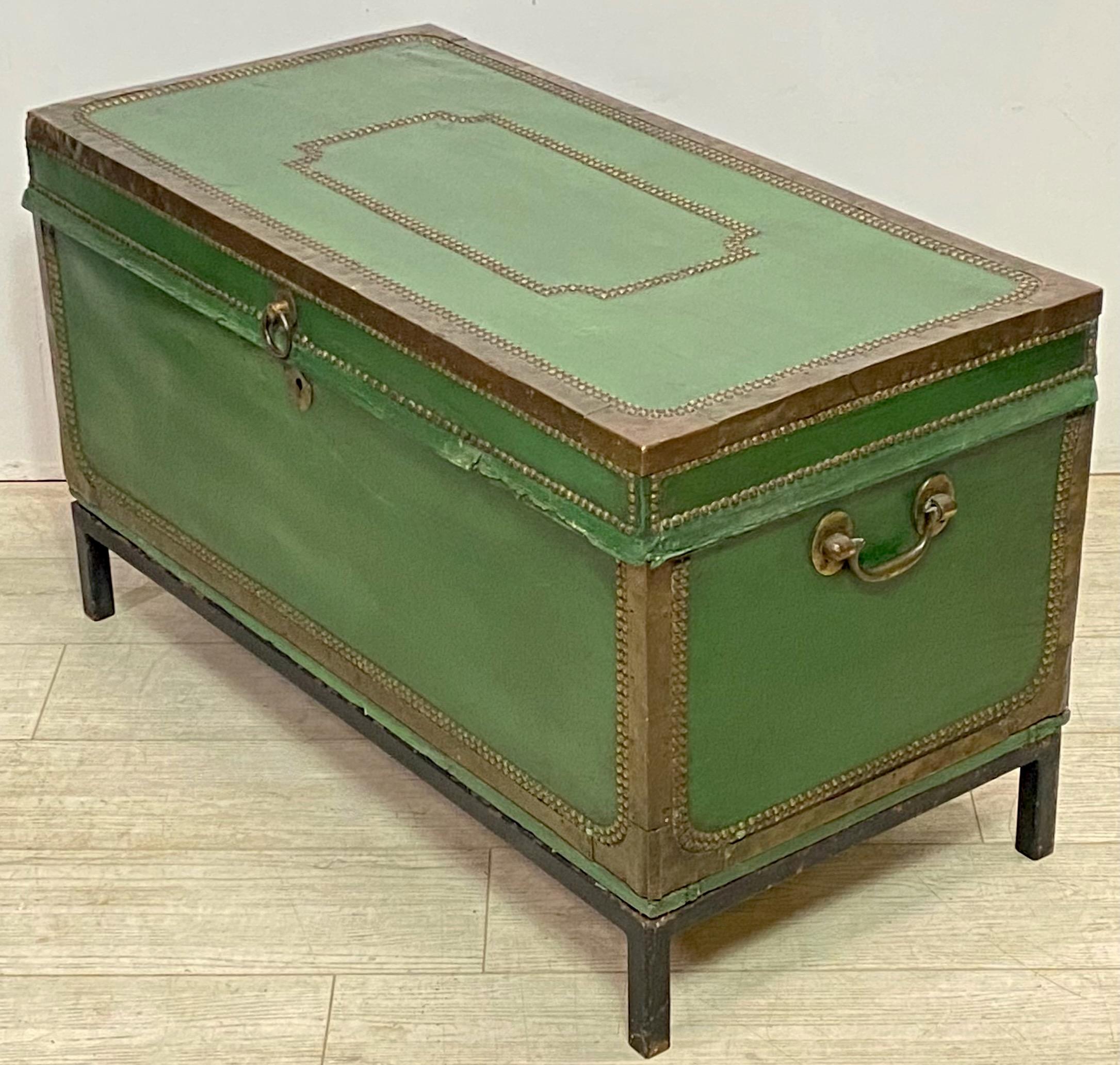 Chinese Export Green Leather Camphor Wood Trunk on Stand, Early 19th Century 5
