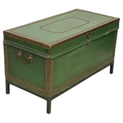 Chinese Export Green Leather Camphor Wood Trunk on Stand, Early 19th Century