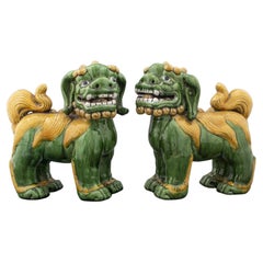Antique Chinese Export Green Porcelain Foo Dogs, Pair