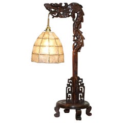 Chinese Export Hand Carved Hardwood Chinese Ming Dragon Lamp + Shade, circa 1920