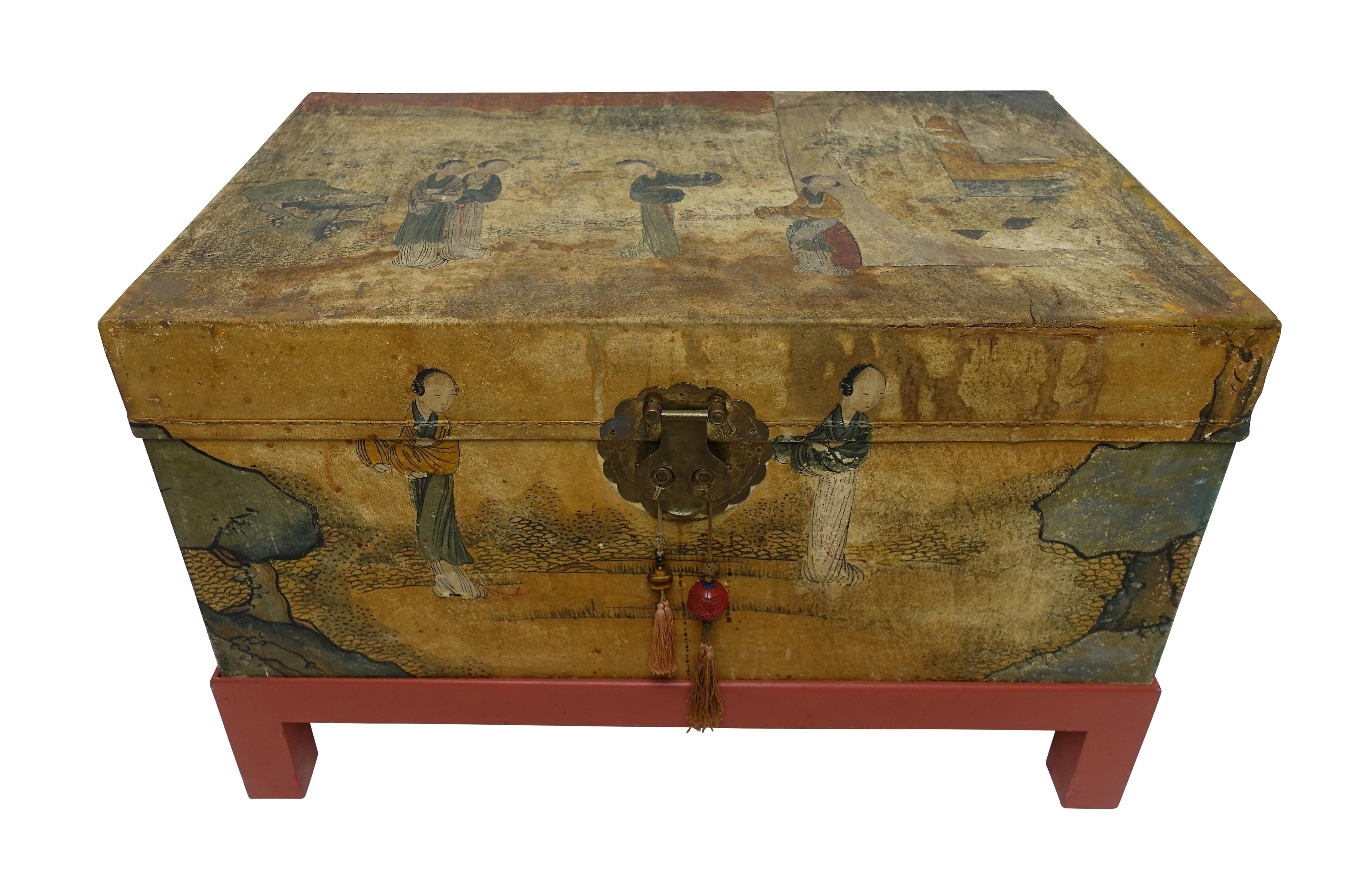 Hand painted pigskin leather trunk on later made painted stand, having brass hardware and retaining its original paper lining, China, early 20th century.