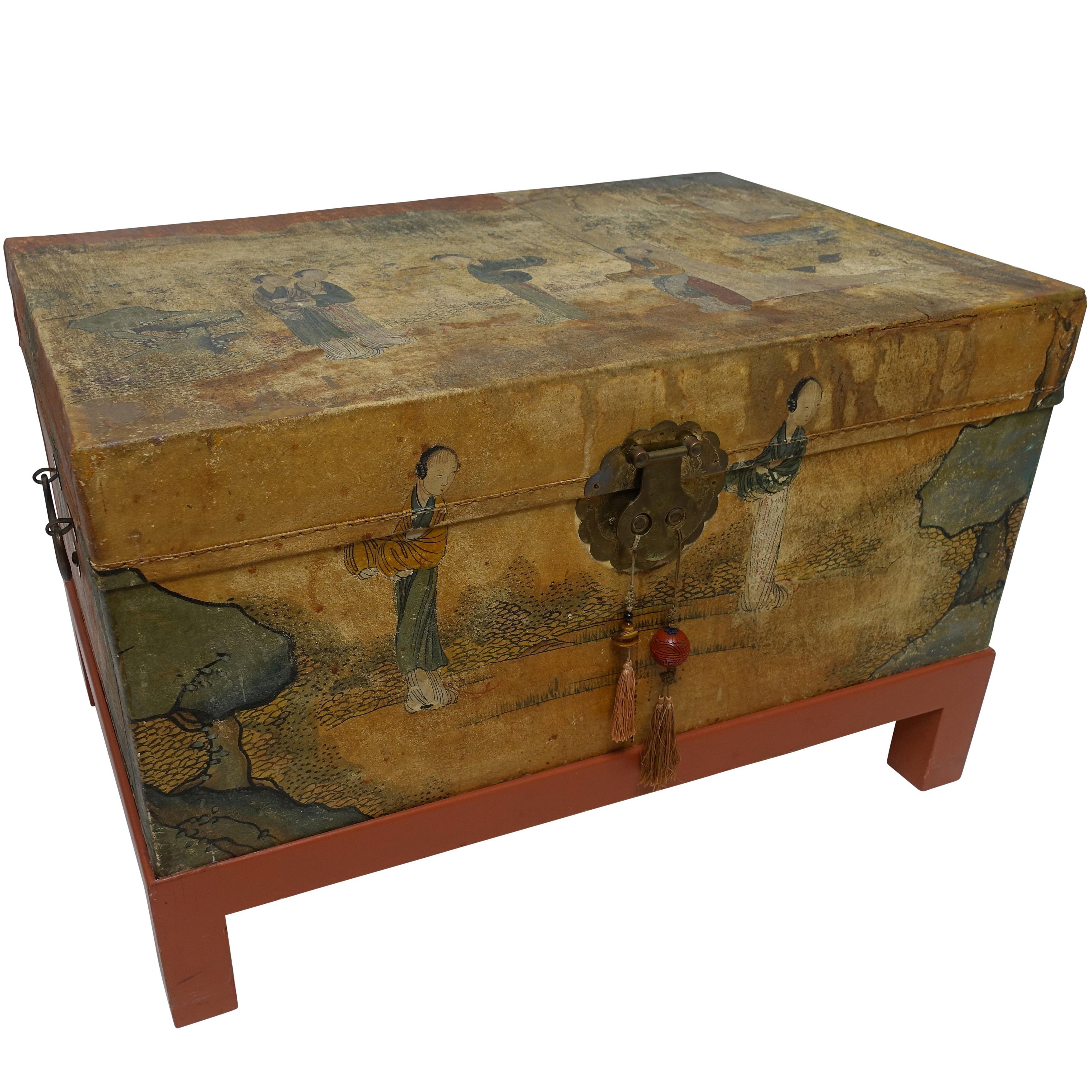 Chinese Export Hand-Painted Leather Trunk on Stand, Early 20th Century