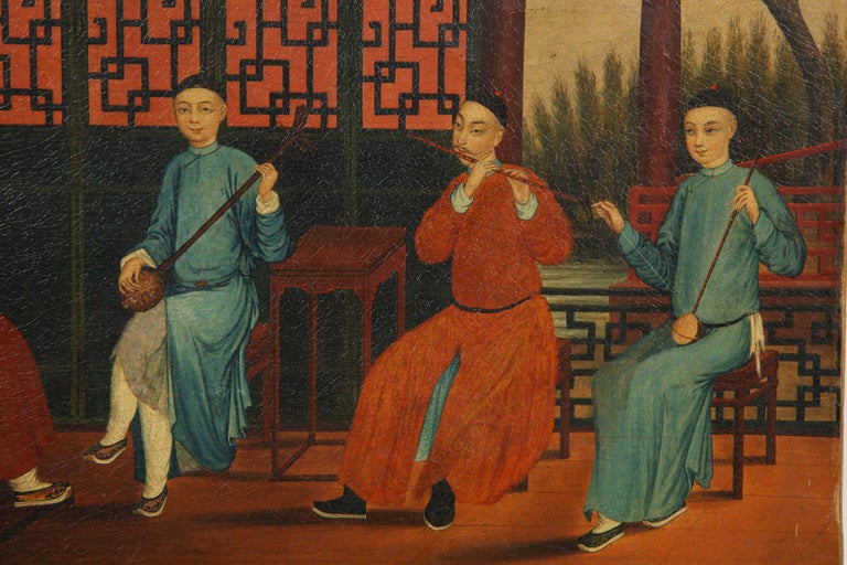 Chinese Export Exceptionally Hand-Painted Oil on Canvas Painting Depicting Musicians Playing Music for the Emperor while Seated on his Royal Throne. Beautifully executed with great detail with musicians seated on classical Chinese furniture, the