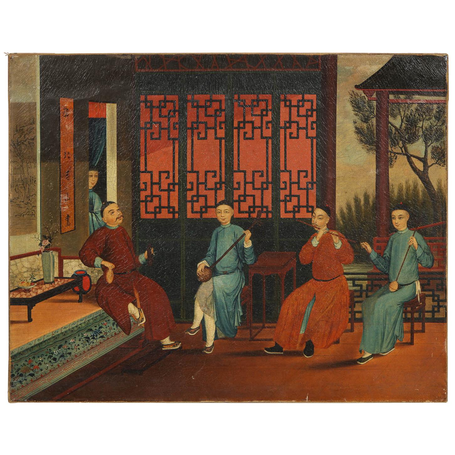  Chinese Export Hand-Painted Oil on Canvas Painting of Interior Scene w/ Emperor For Sale