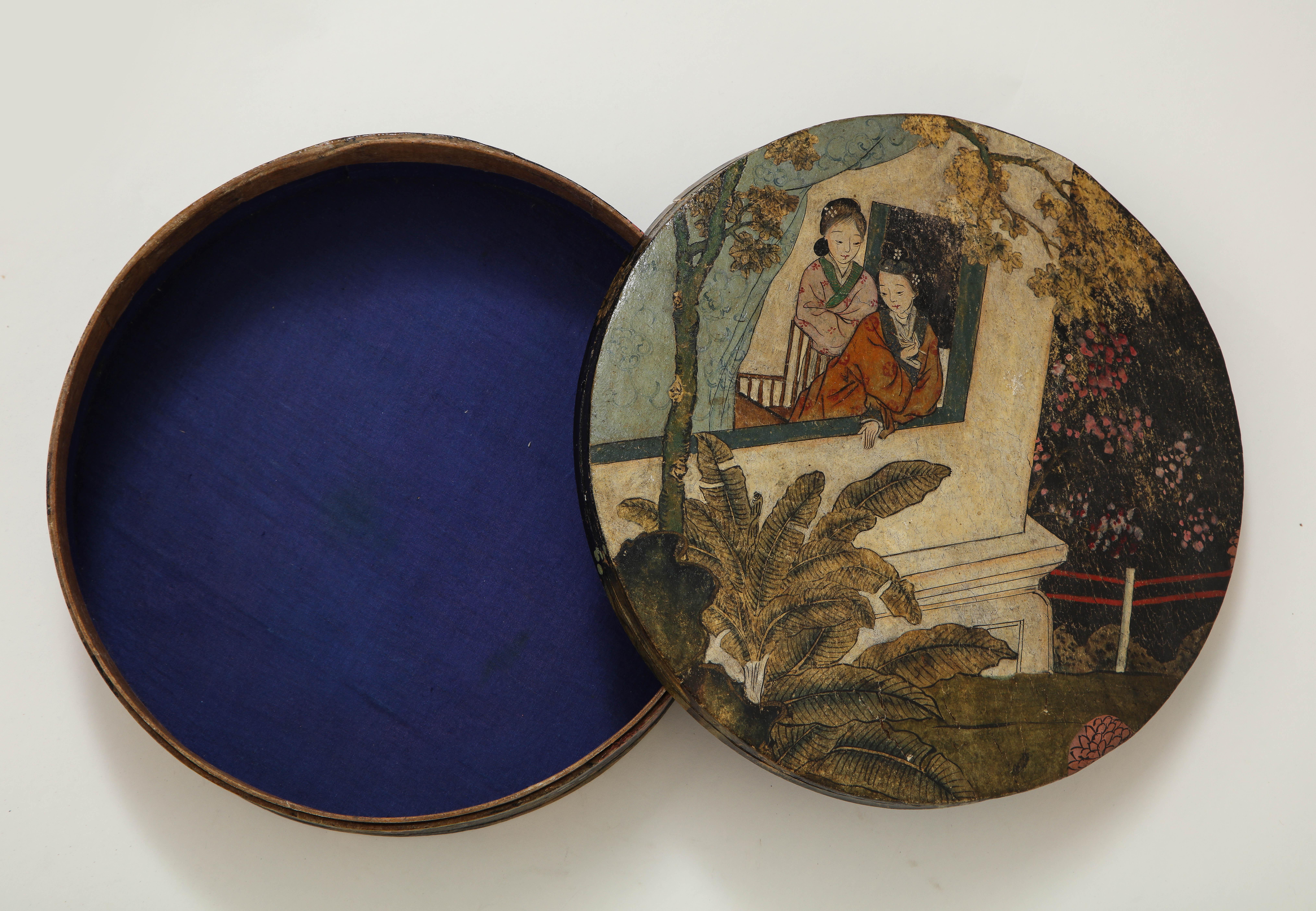 Chinese Export Hand Painted Pigskin Circular Box In Good Condition In New York, NY