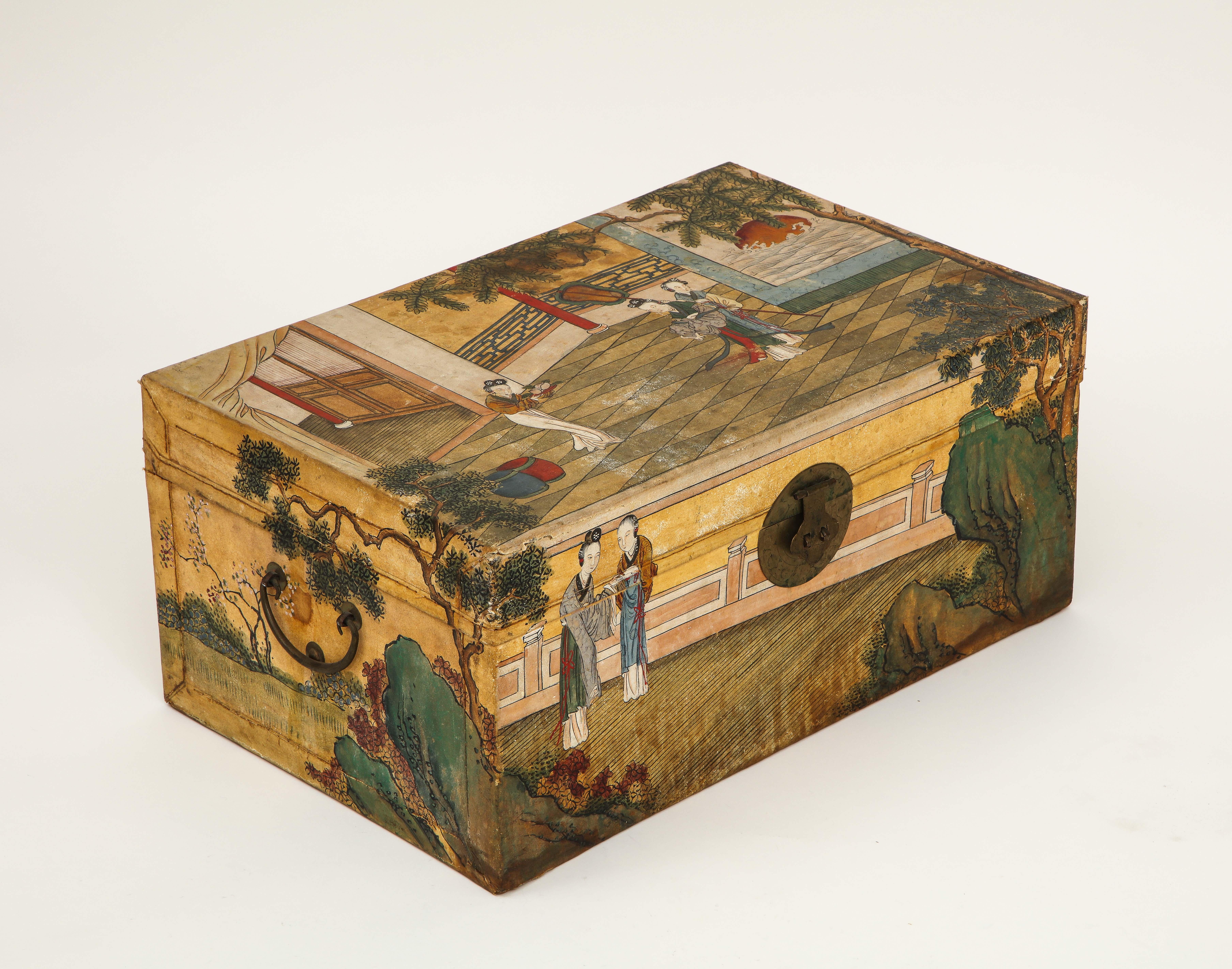 Hand-Painted Chinese Export Hand Painted Pigskin Trunk