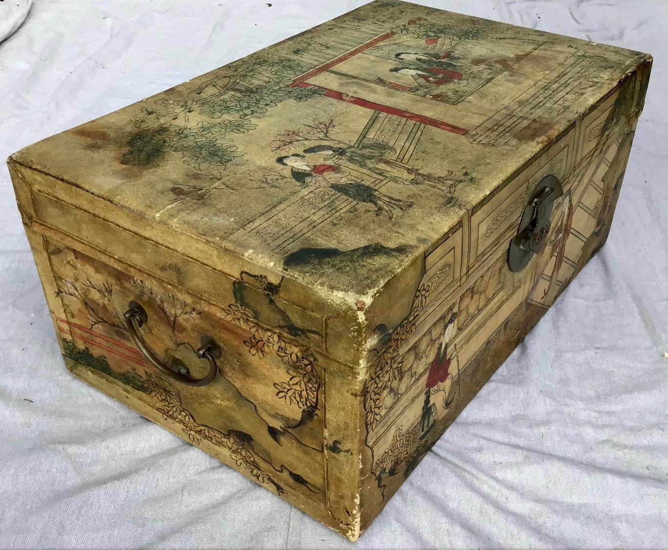 Chinese Export Hand Painted Pigskin Trunk In Fair Condition In Bradenton, FL