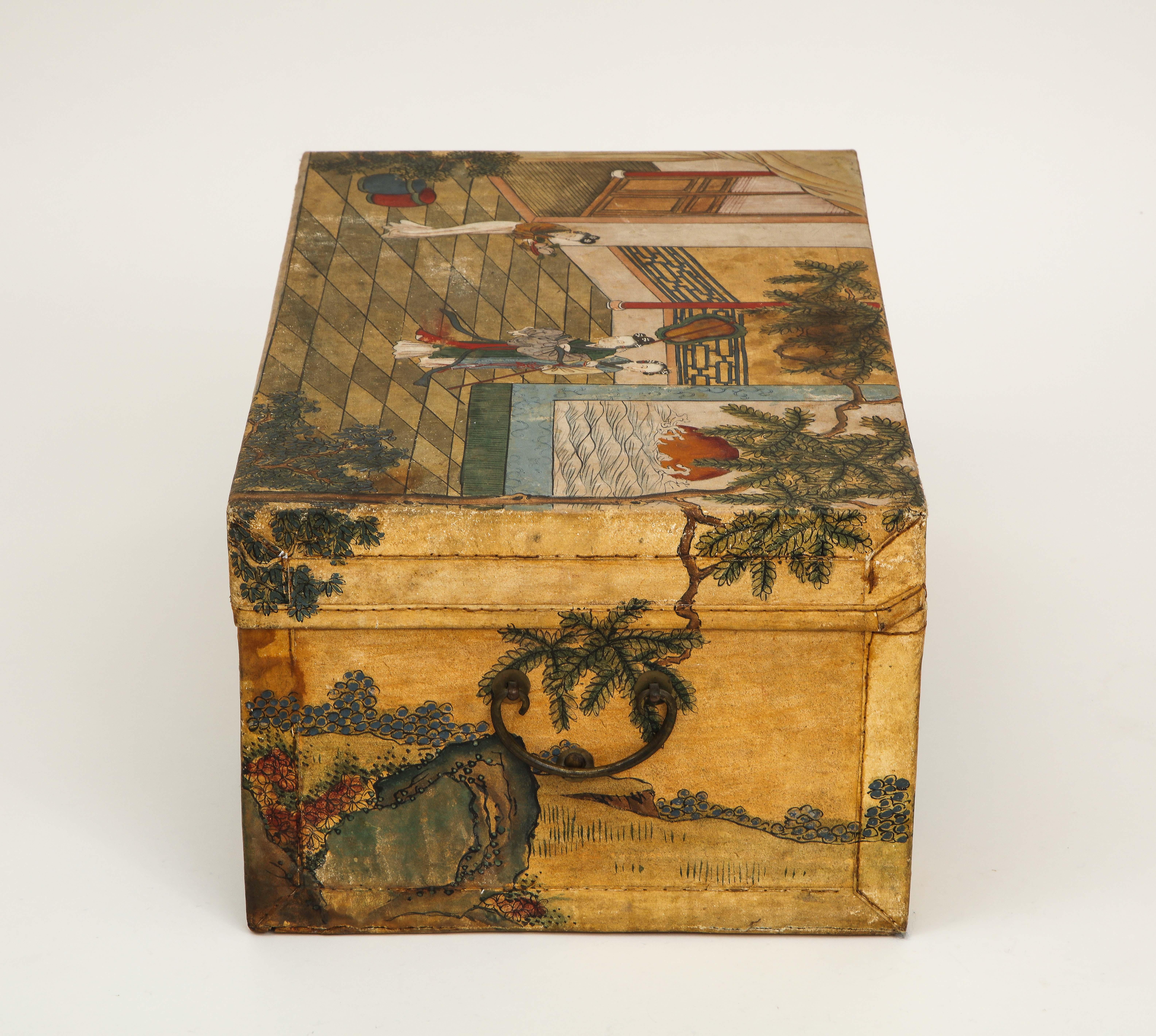 Chinese Export Hand Painted Pigskin Trunk In Good Condition In New York, NY