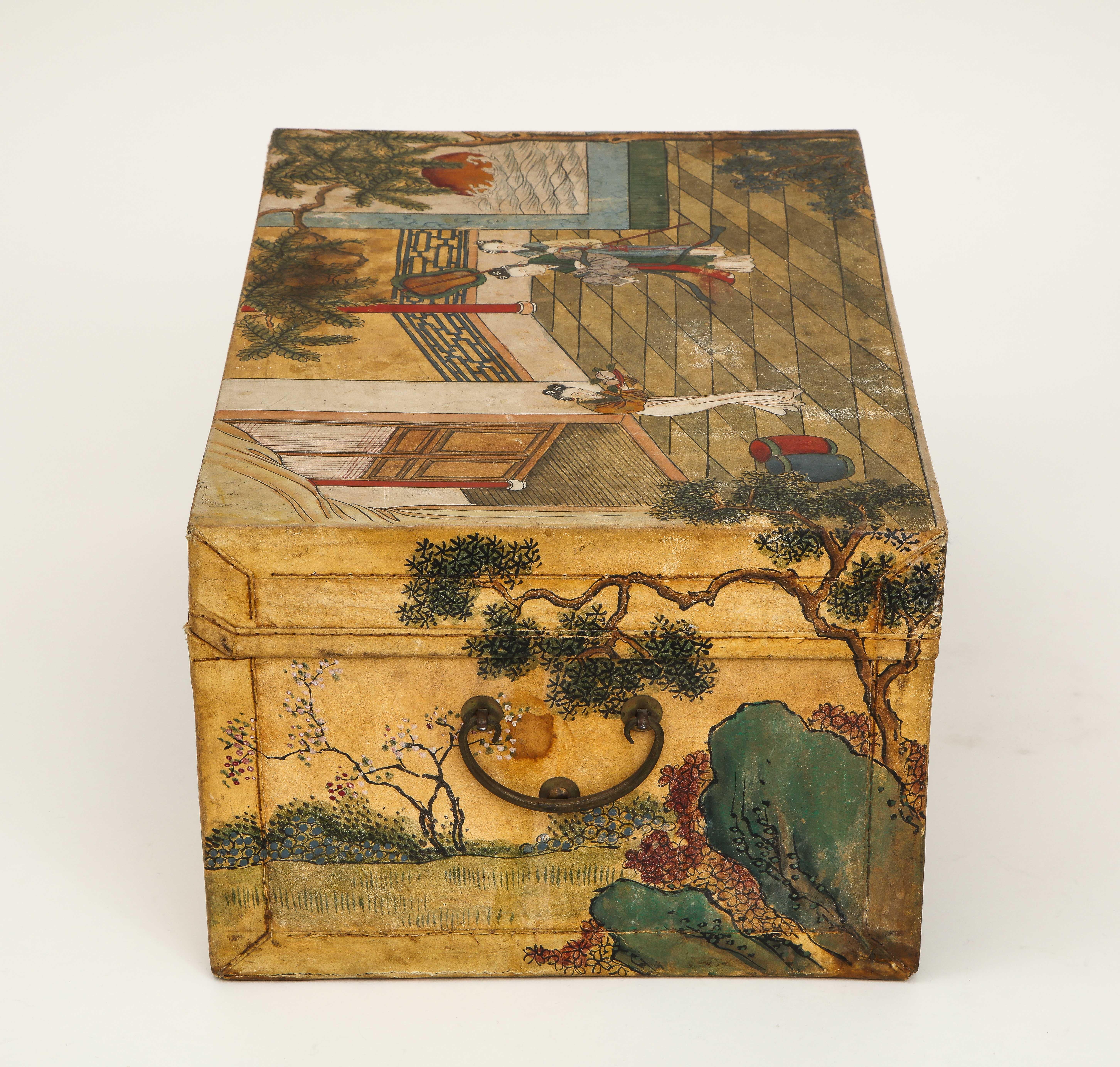 Chinese Export Hand Painted Pigskin Trunk 1