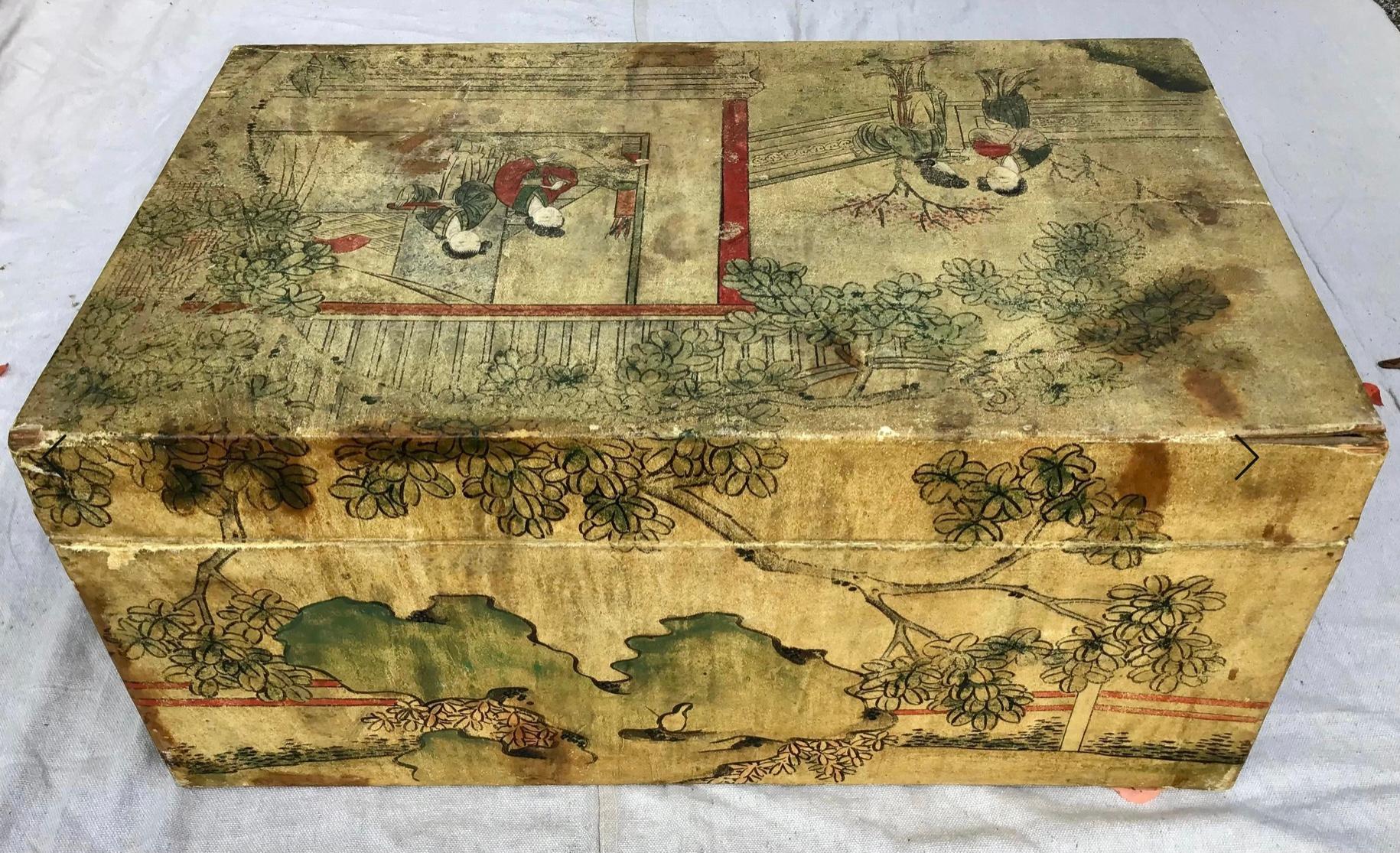 Chinese Export Hand Painted Pigskin Trunk 2