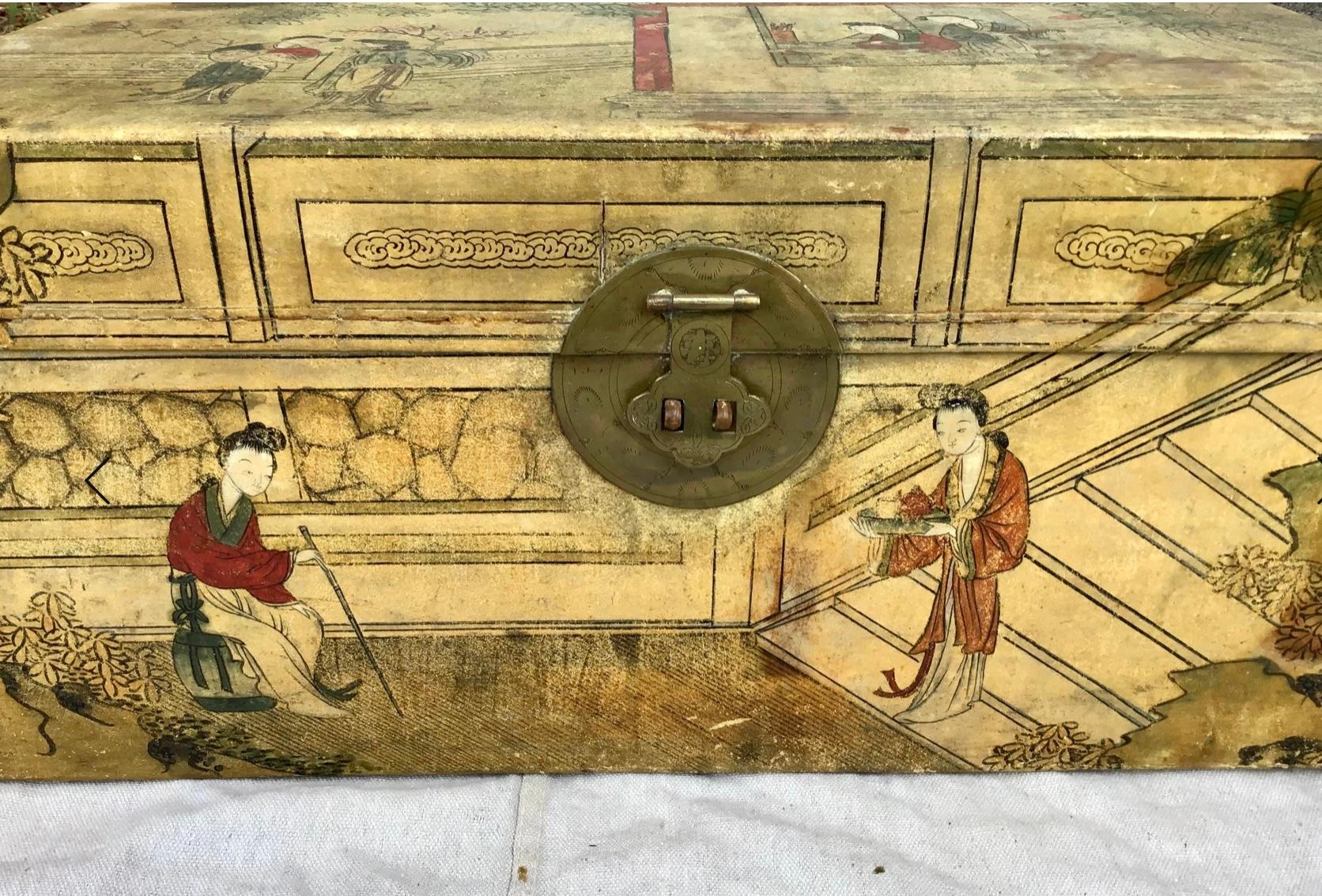 Chinese Export Hand Painted Pigskin Trunk 3