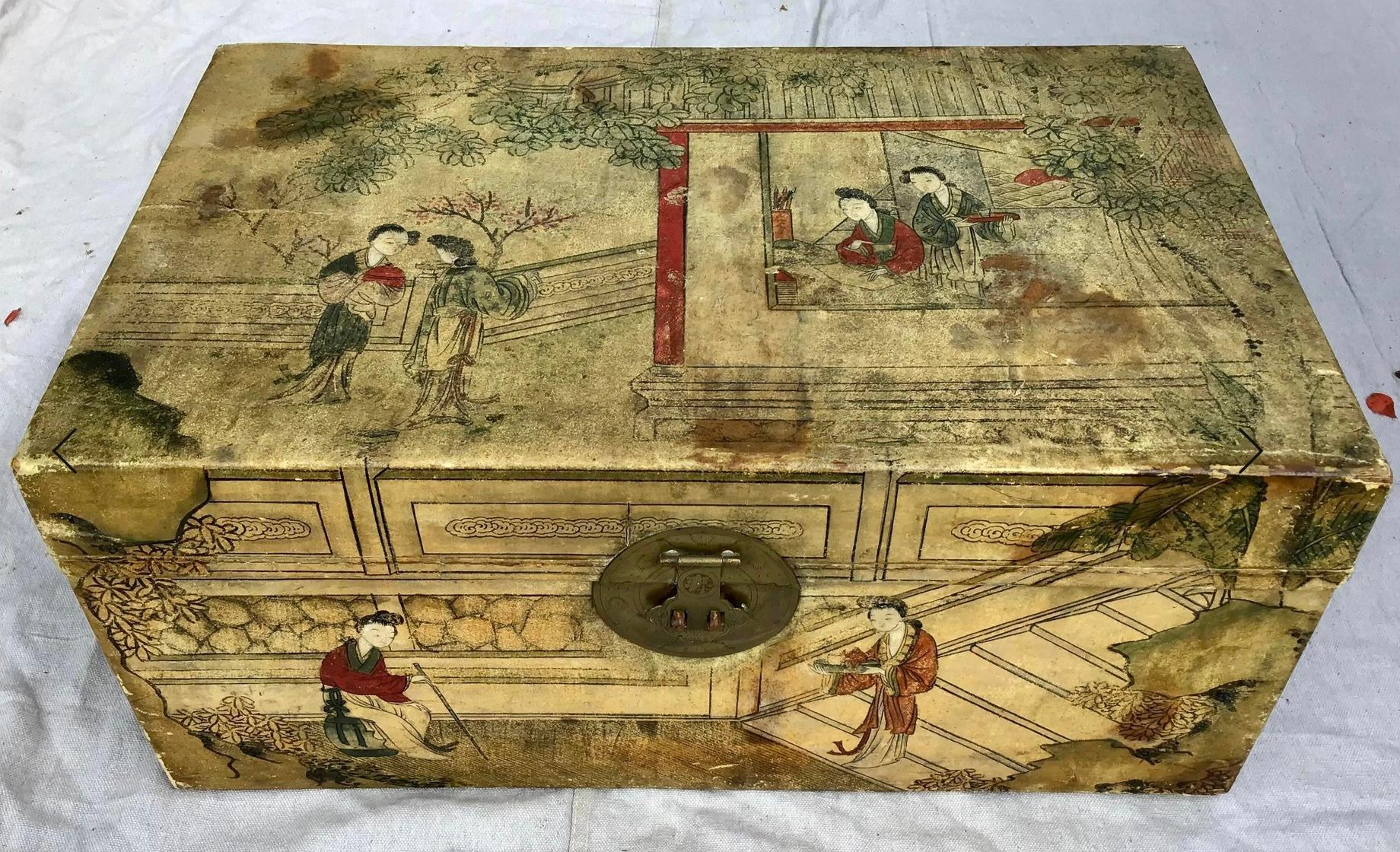 Chinese Export Hand Painted Pigskin Trunk 4