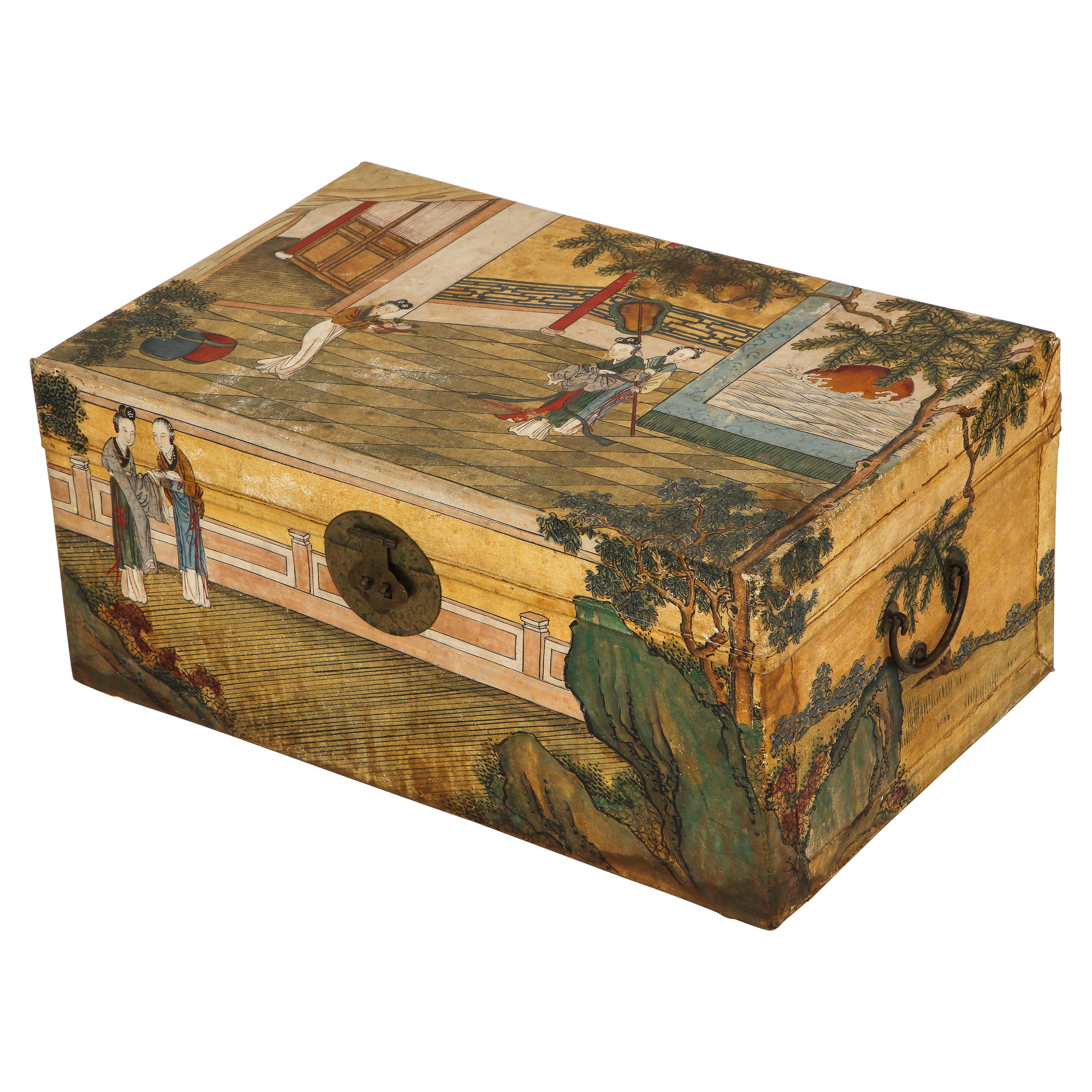 Chinese Export Hand Painted Pigskin Trunk