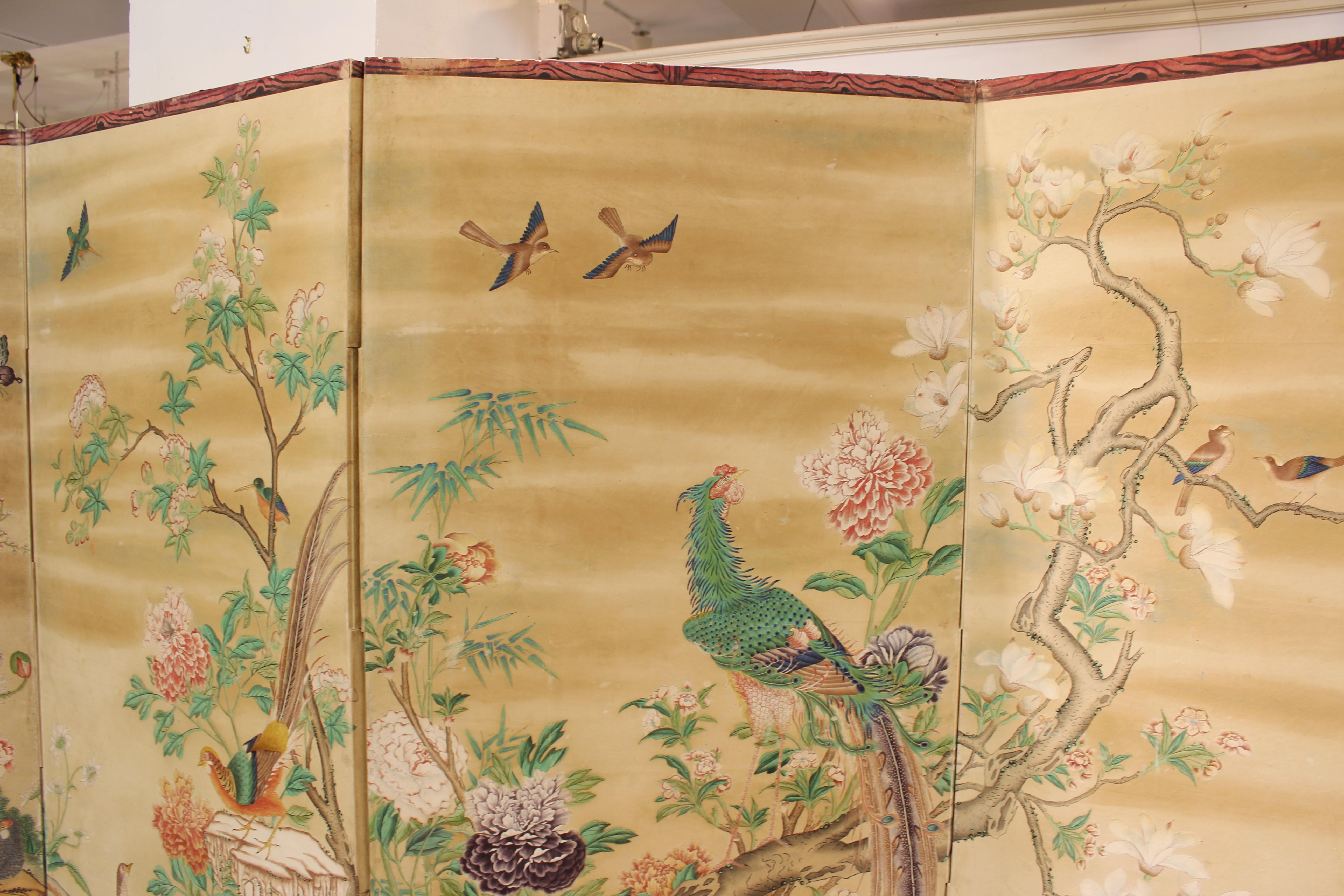 Chinese Export Hand-Painted Wallpaper Six Panel Screen with Birds and Flowers 5