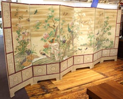 Chinese Export Hand-Painted Wallpaper Six Panel Screen with Birds and Flowers