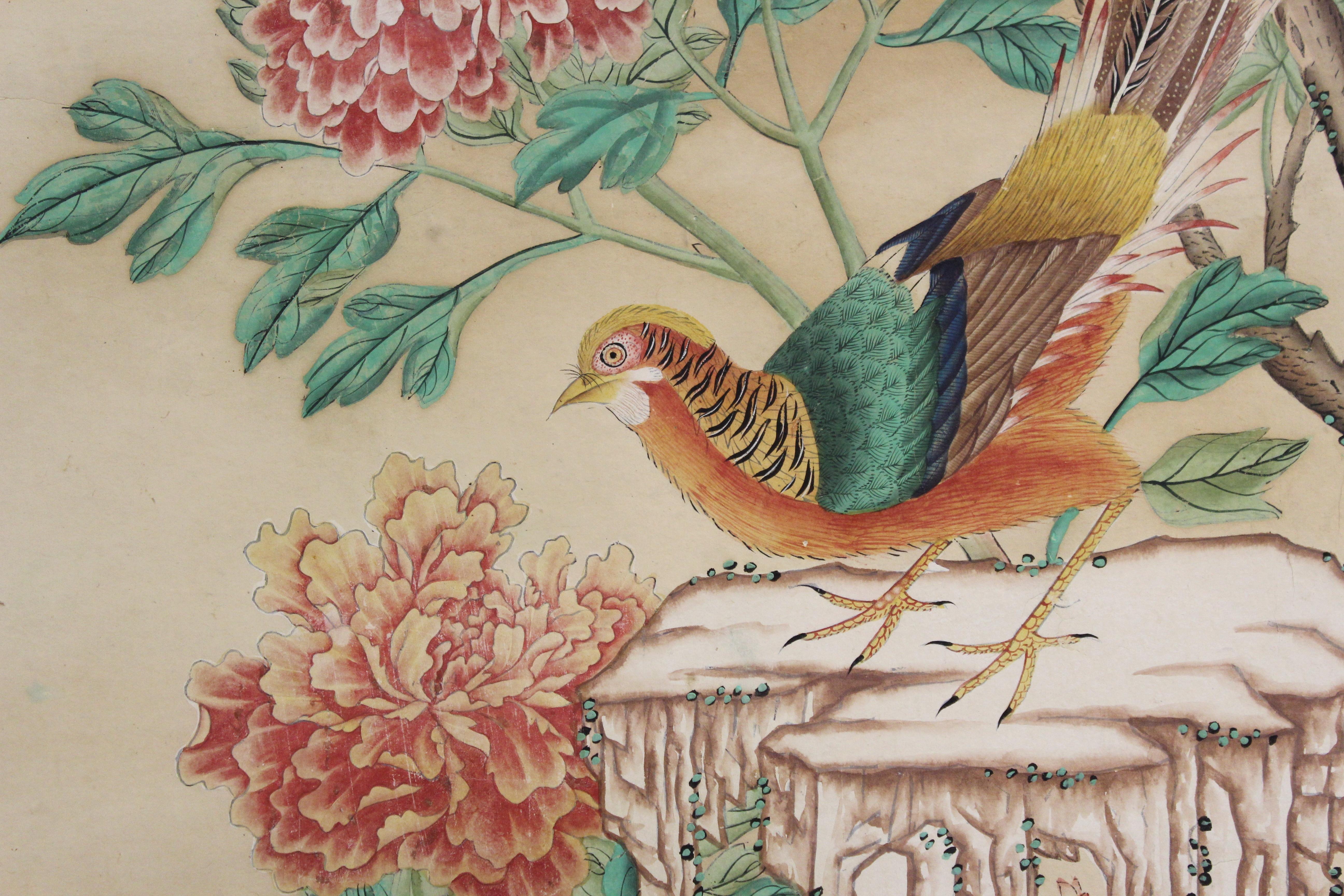 Chinese Export Hand-Painted Wallpaper Six Panel Screen with Birds and Flowers In Good Condition In Astoria, NY
