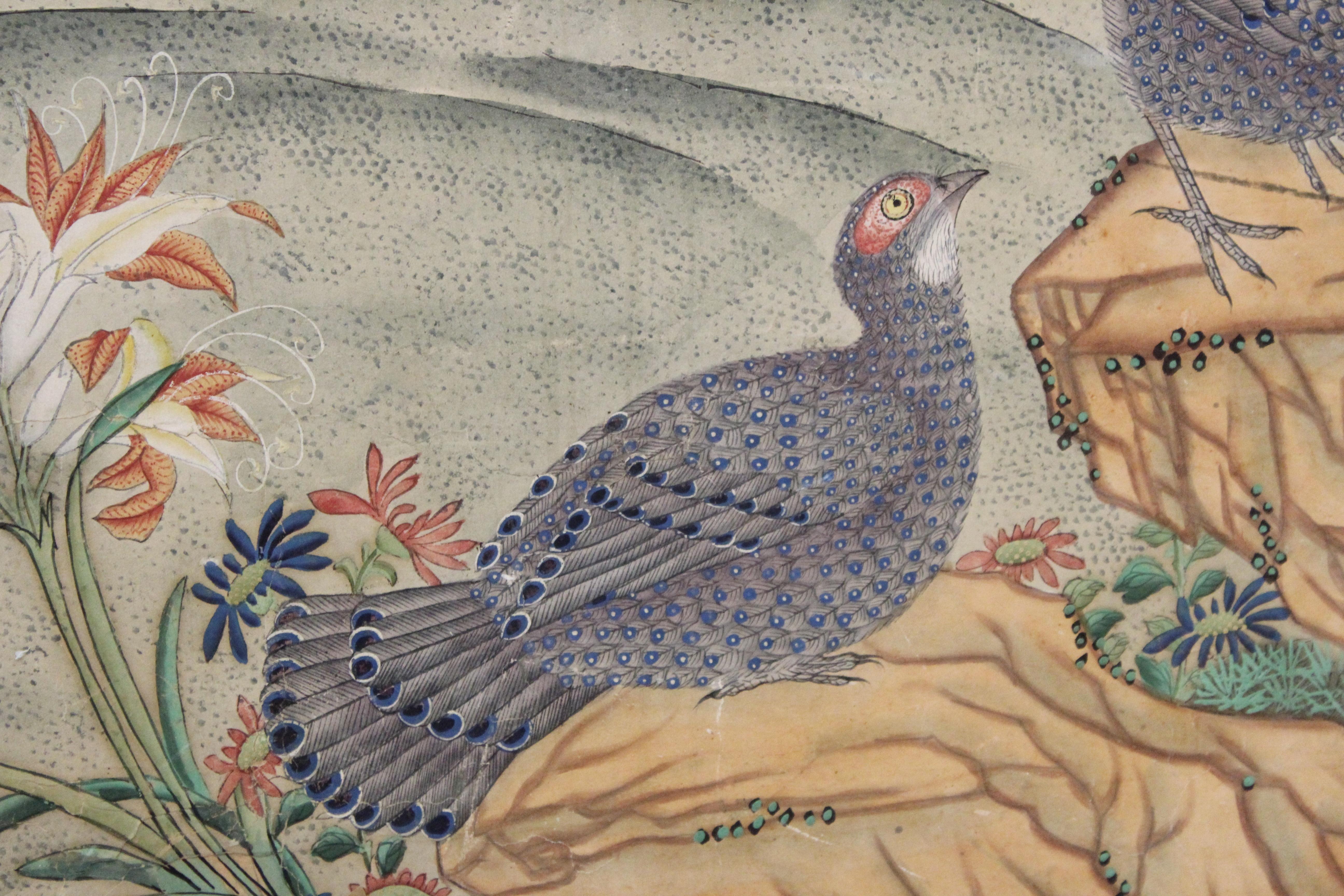 18th Century and Earlier Chinese Export Hand-Painted Wallpaper Six Panel Screen with Birds and Flowers