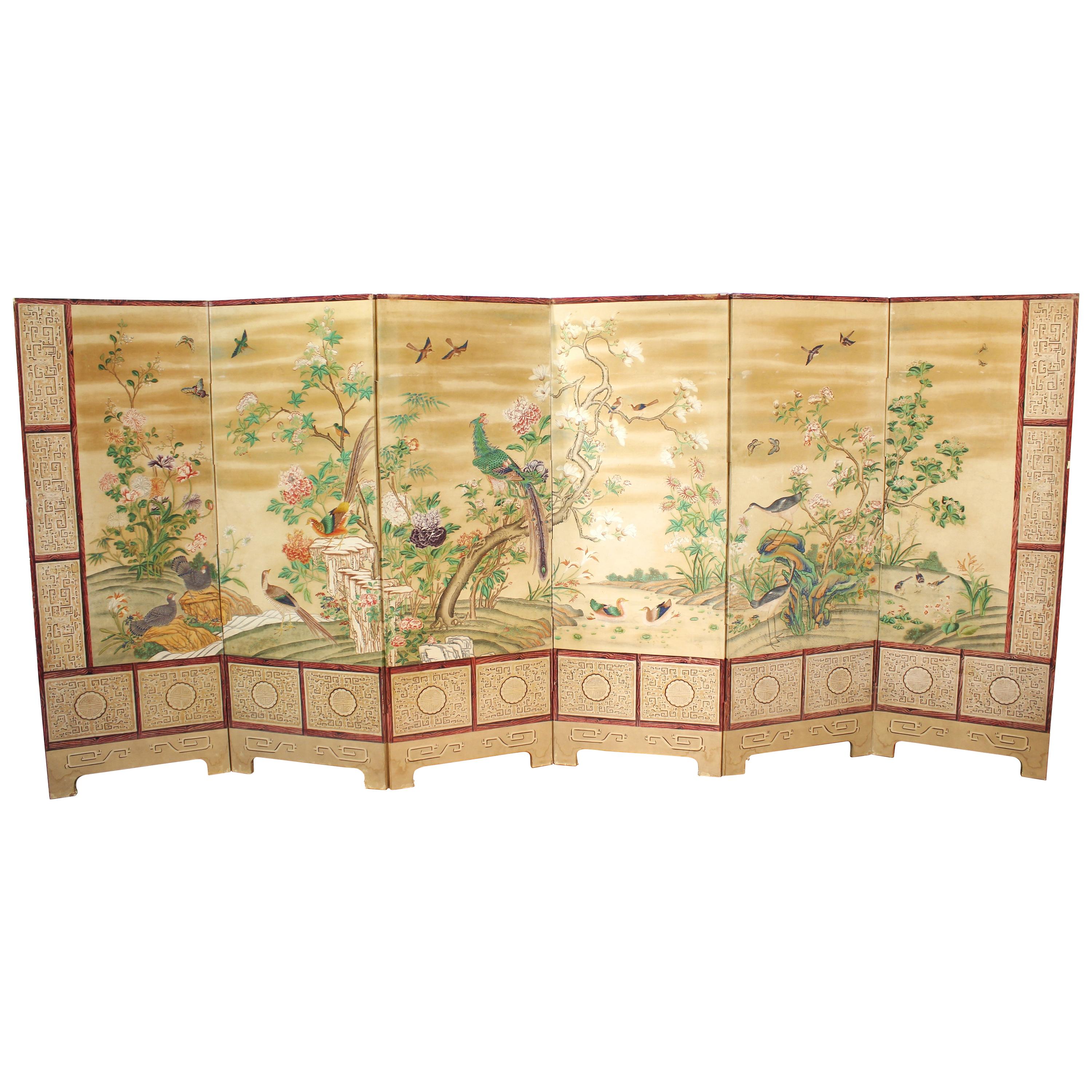 Chinese Export Hand-Painted Wallpaper Six Panel Screen with Birds and Flowers