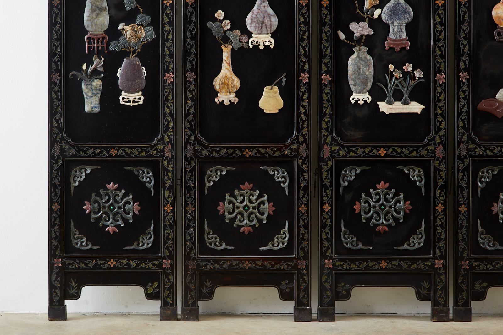 Wood Chinese Export Hard Stone Lacquered Coromandel Screen