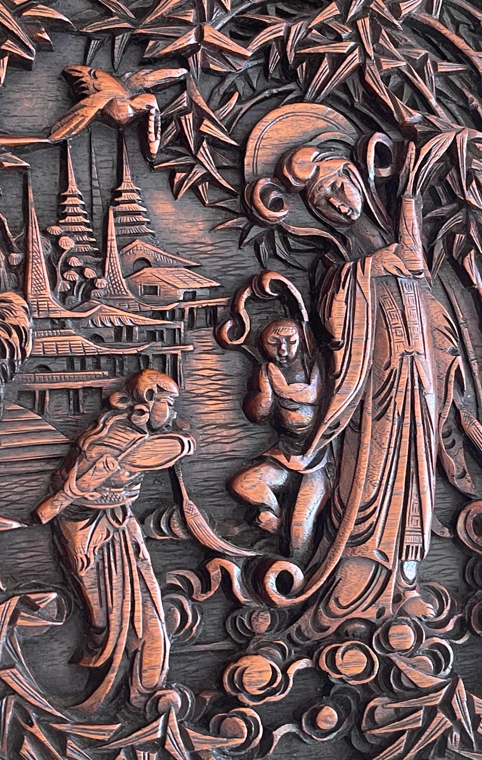 Hand-Carved Chinese Export Hardwood Carved Plaque of Quan Yin in Landscape For Sale