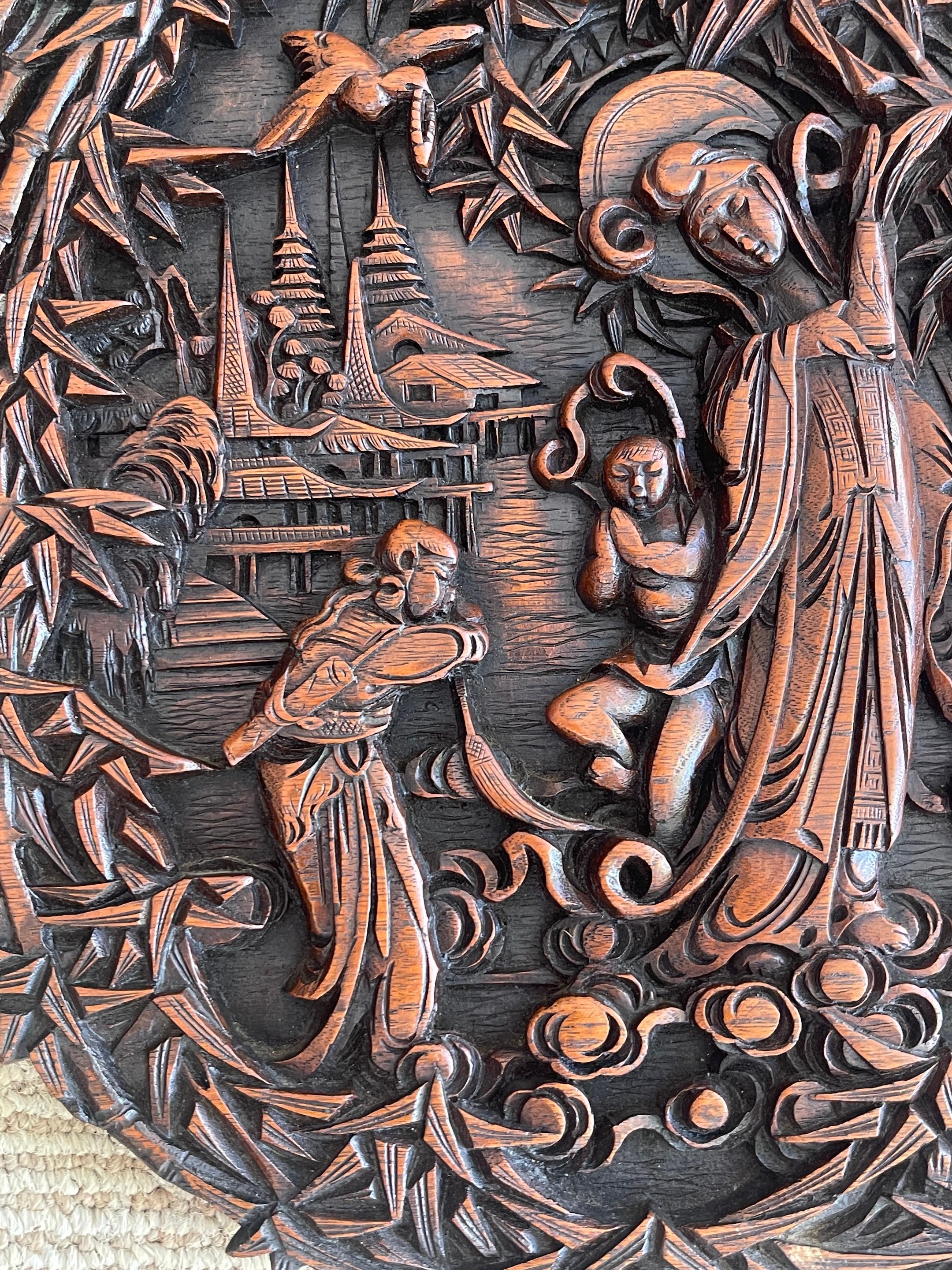 Chinese Export Hardwood Carved Plaque of Quan Yin in Landscape In Good Condition For Sale In West Palm Beach, FL