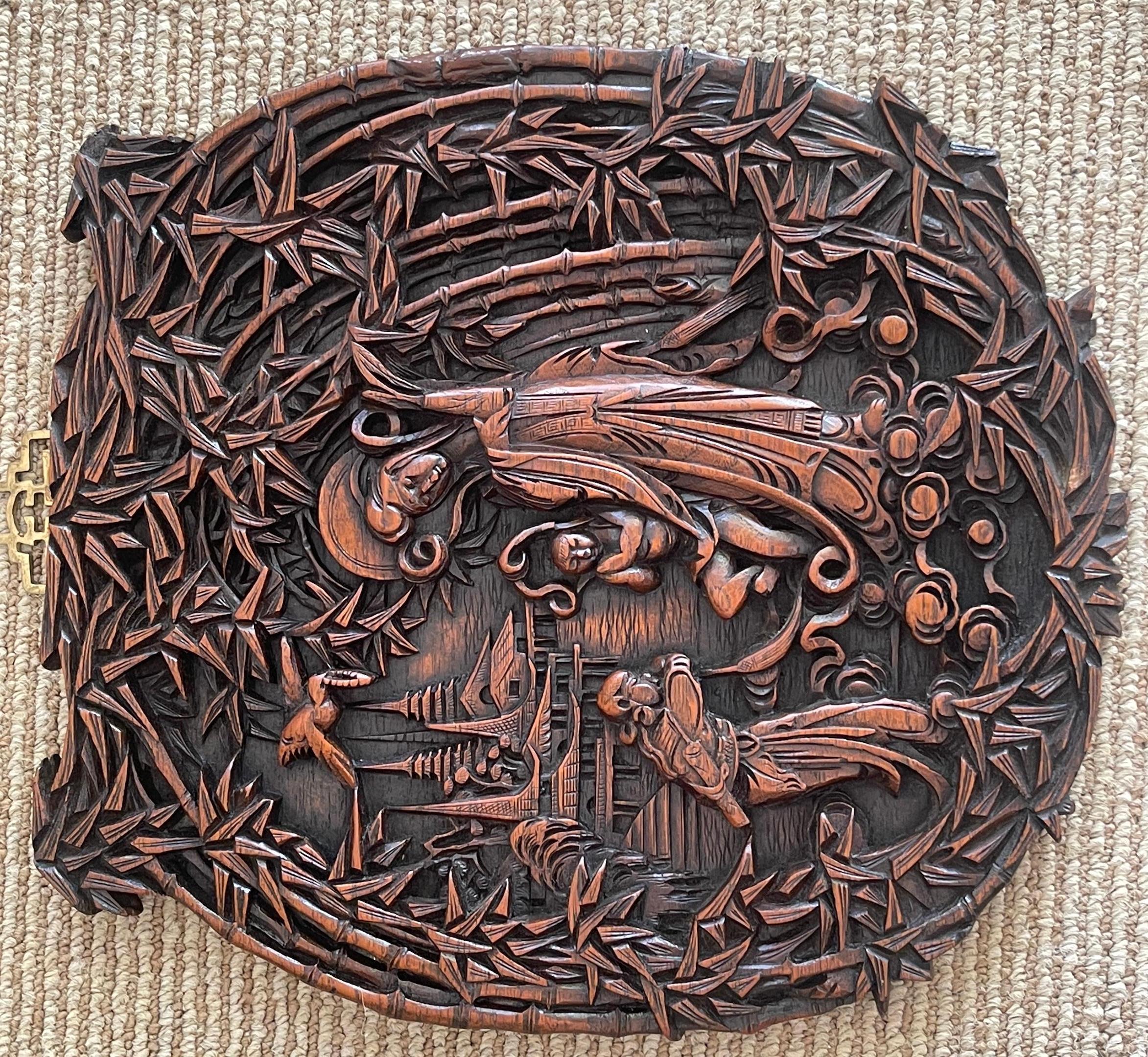 20th Century Chinese Export Hardwood Carved Plaque of Quan Yin in Landscape For Sale