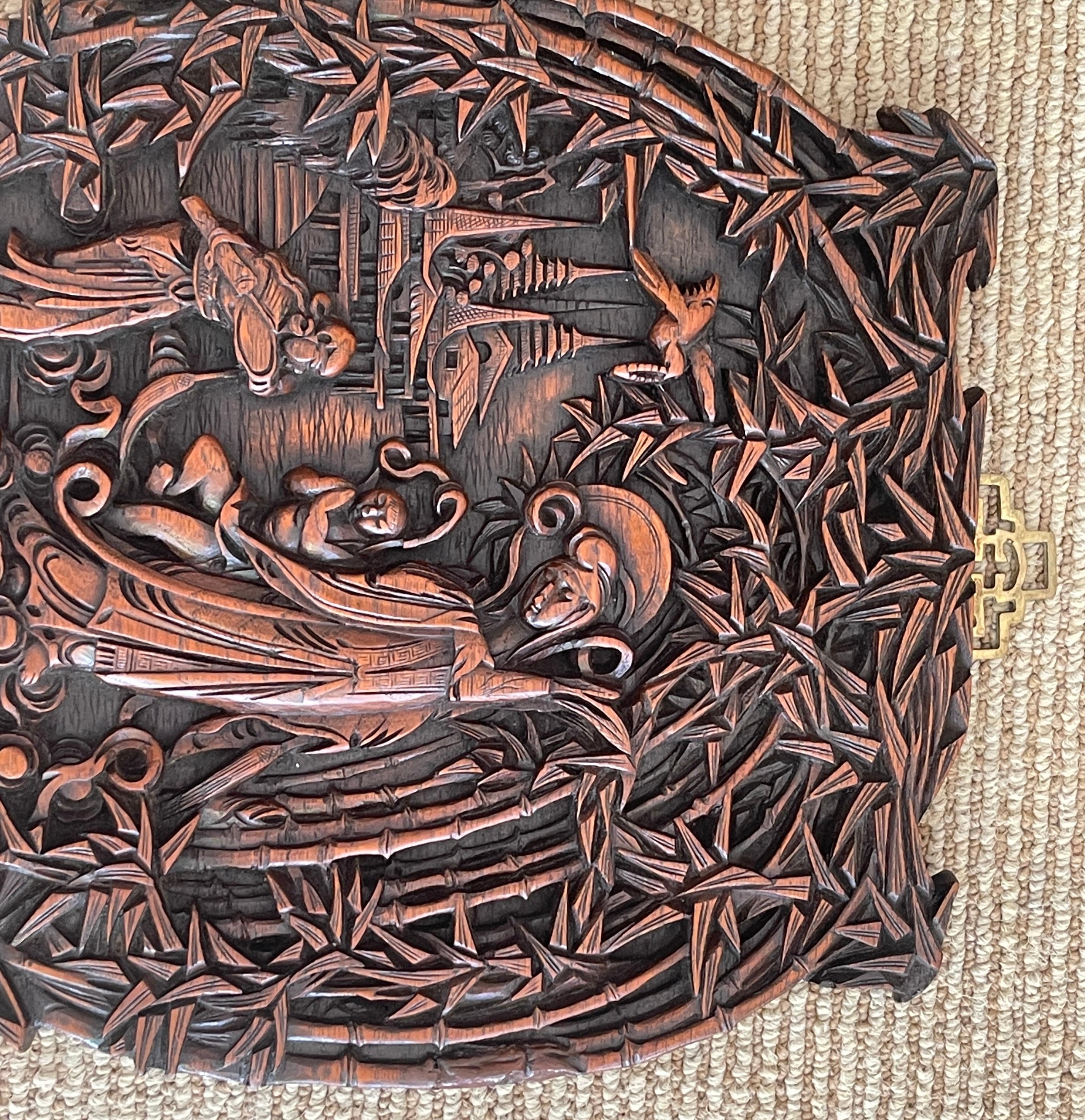 Brass Chinese Export Hardwood Carved Plaque of Quan Yin in Landscape For Sale