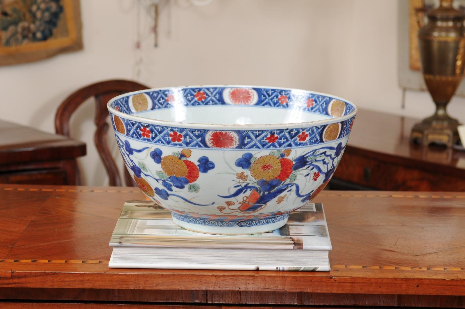 Chinese Export Imari Porcelain Punch Bowl, 18th Century For Sale 8