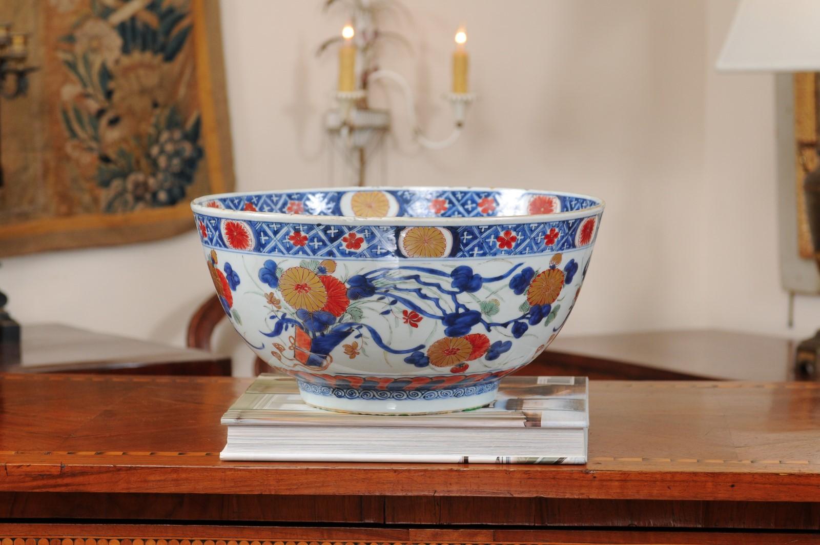 Chinese Export Imari Porcelain Punch Bowl, 18th Century For Sale 1